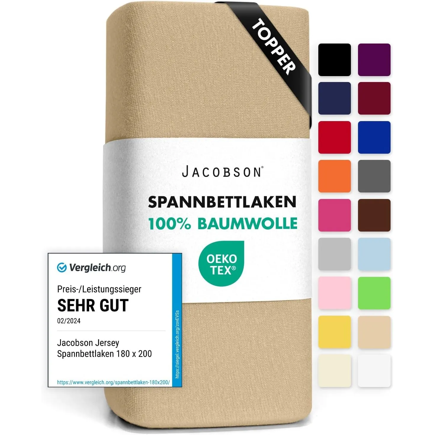 Jacobson Jersey Spannbettlaken Spannbetttuch Baumwolle Bettlaken (Topper 180-200x200 cm, Beige)