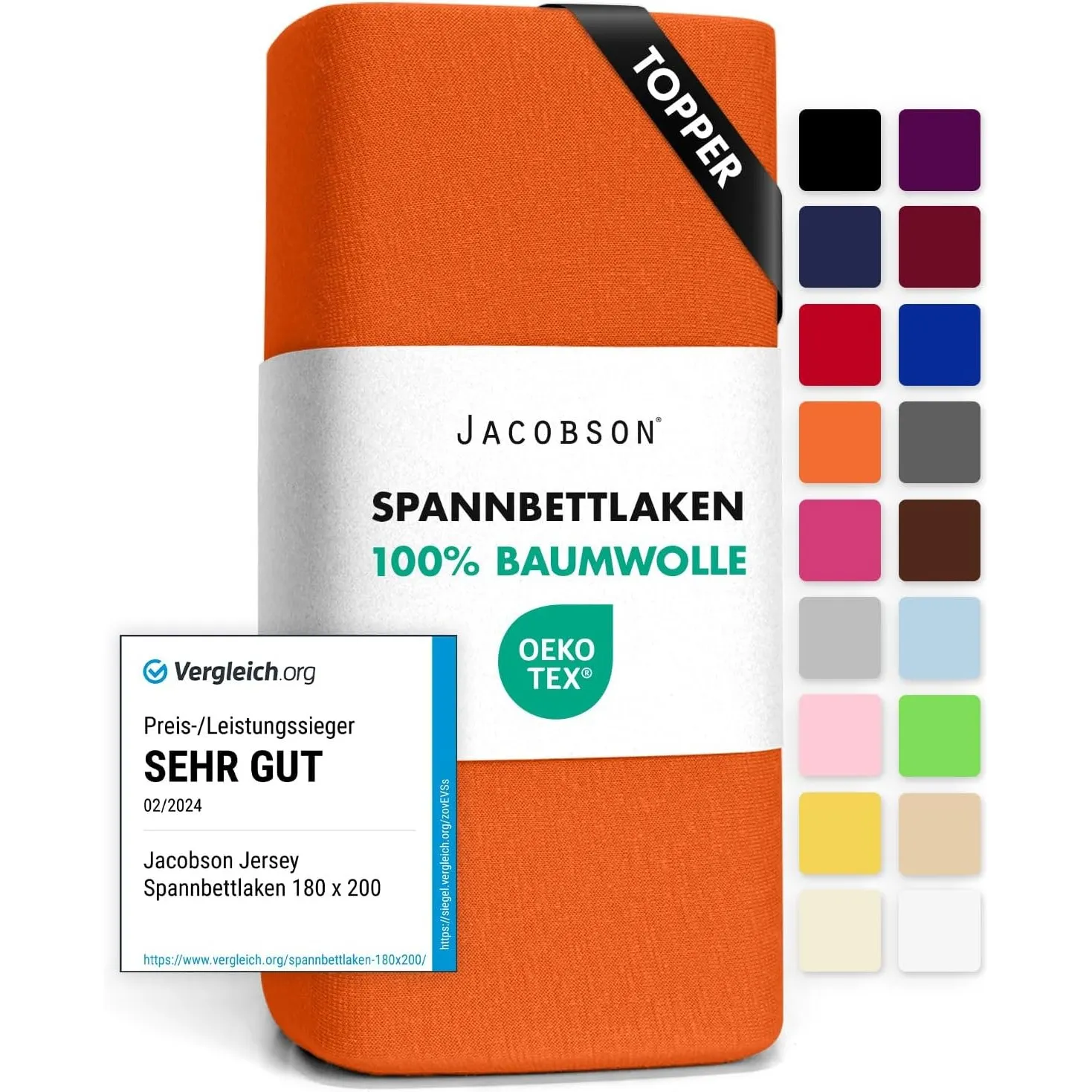 Jacobson Jersey Spannbettlaken Spannbetttuch Baumwolle Bettlaken (Topper 180-200x200 cm, Orange)