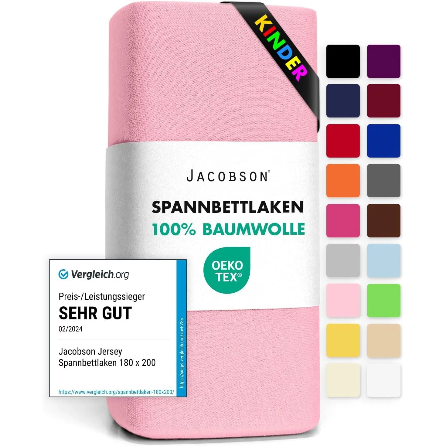 Jacobson Jersey Spannbettlaken Spannbetttuch Baumwolle Bettlaken (60x120-70x140 cm, Rosa)