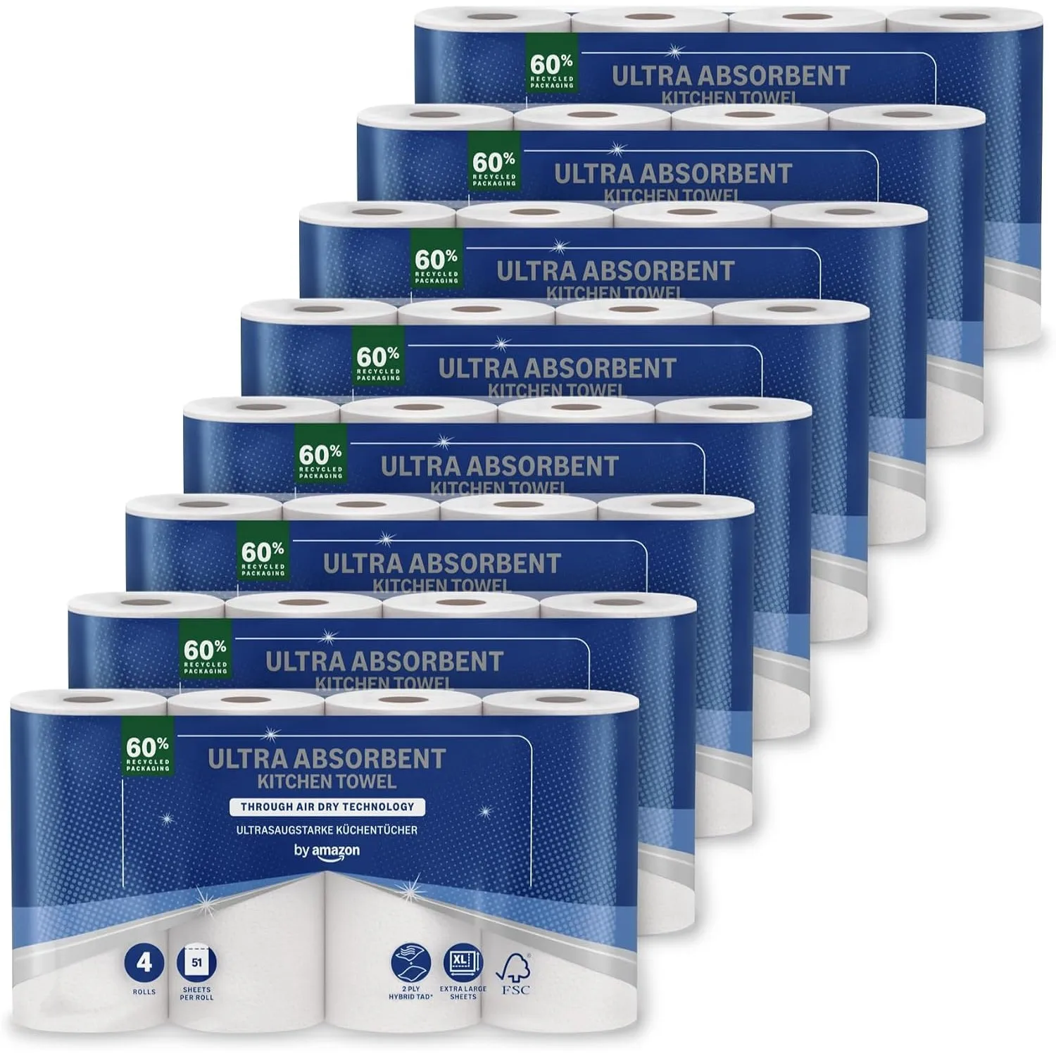 by Amazon Ultra-saugfähige TAD-Küchenrolle, 32 Rollen (8 Packungen à 4), 51 Blätter pro Rolle, (früher “Presto!”)