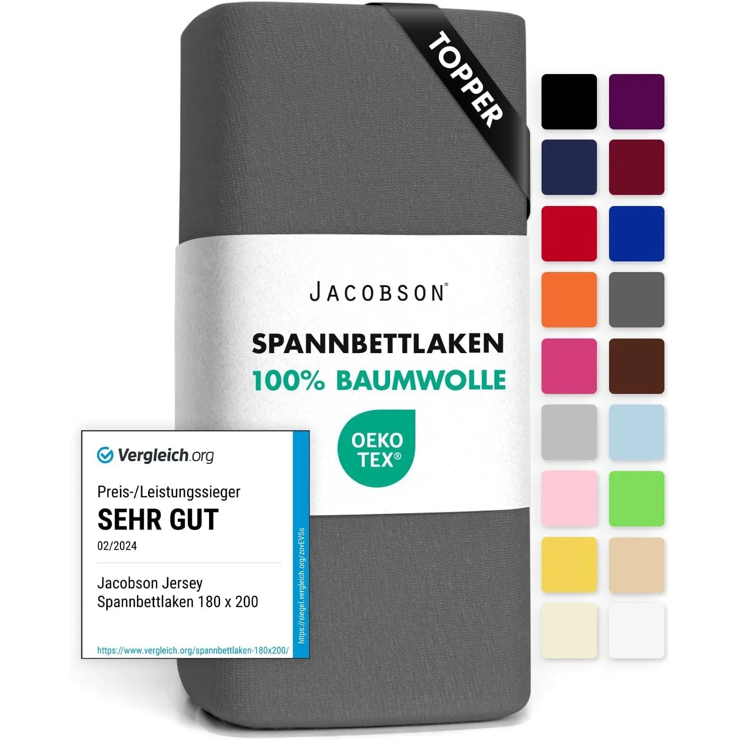 Jacobson Jersey Spannbettlaken Spannbetttuch Baumwolle Bettlaken (Topper 140-160x200 cm, Anthrazit)
