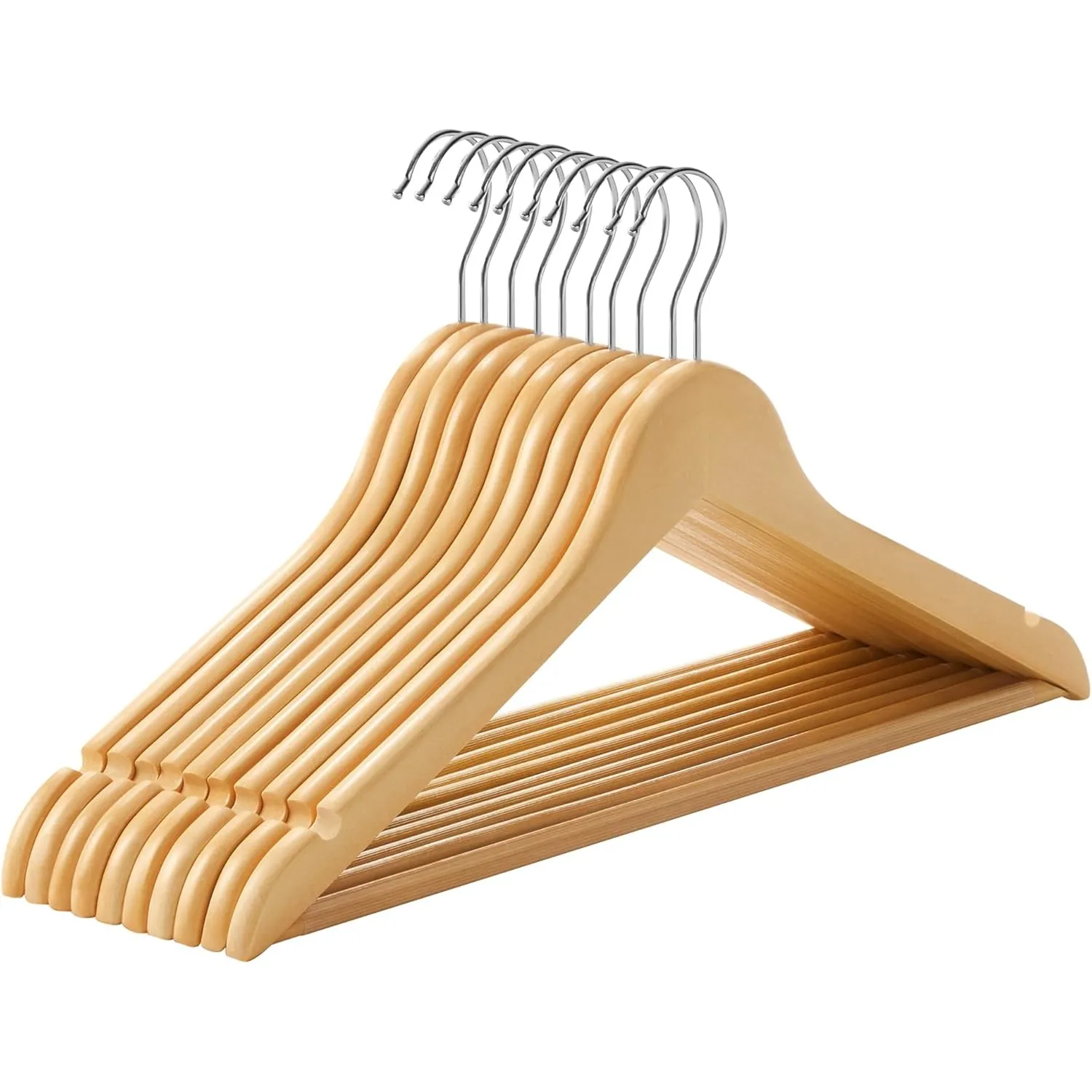 SONGMICS KleiderbÜgel Holz, 10er Set, BÜgel aus Massivholz, Einkerbungen im Schulterbereich, rutschfester Hosensteg, um…