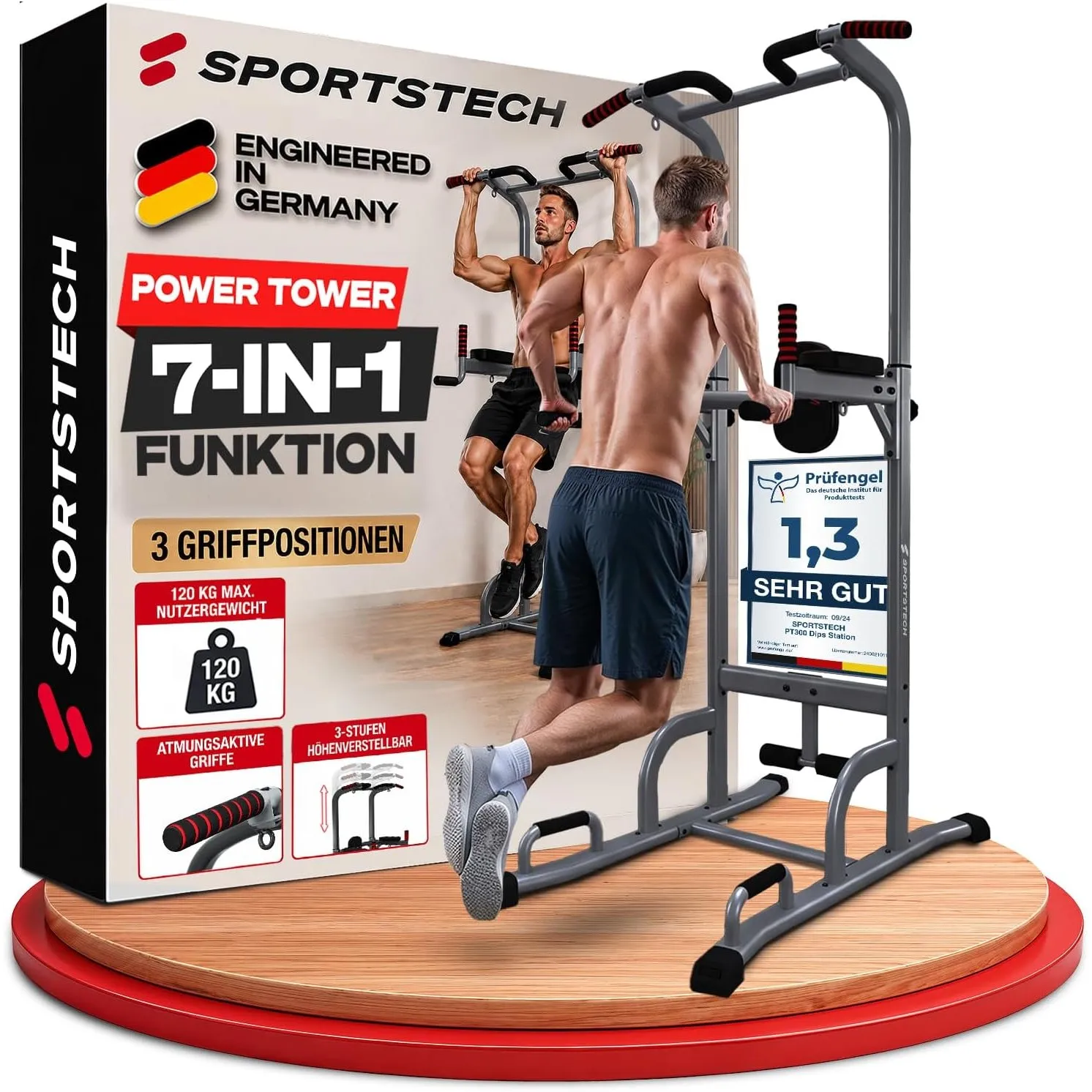 Sportstech, Kraftturm & Dip Station + 4 TRX Ösen, 7in1 Home Gym PT300 | Calisthenics Station freistehend, 3 Griffweiten…