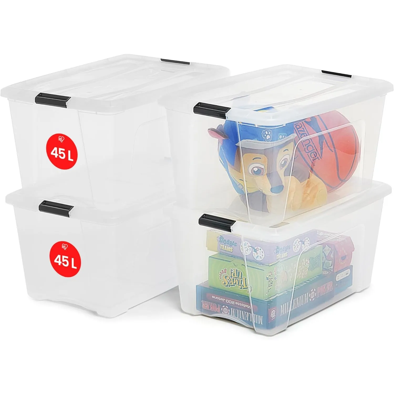 Iris Ohyama Aufbewahrungsboxen mit Deckel, 45L, 4er-Set, Transparent, Sicherer Verschluss, Stapelbar, Griffe, Schlafzim…