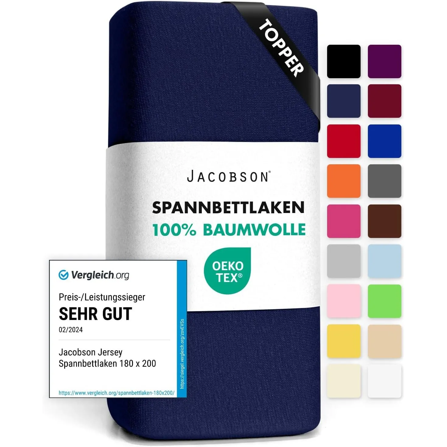 Jacobson Jersey Spannbettlaken Spannbetttuch Baumwolle Bettlaken (Topper 140-160x200 cm, Dunkelblau)