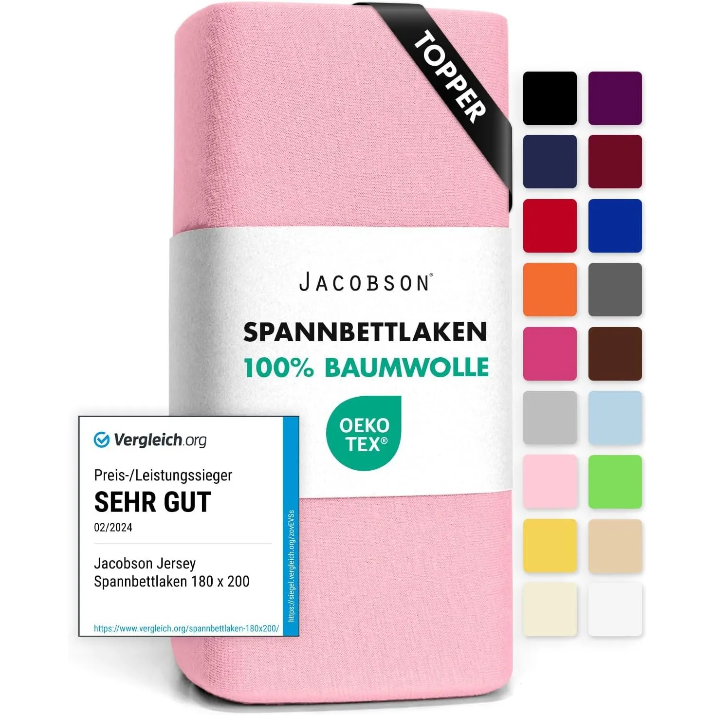 Jacobson Jersey Spannbettlaken Spannbetttuch Baumwolle Bettlaken (Topper 140-160x200 cm, Rosa)