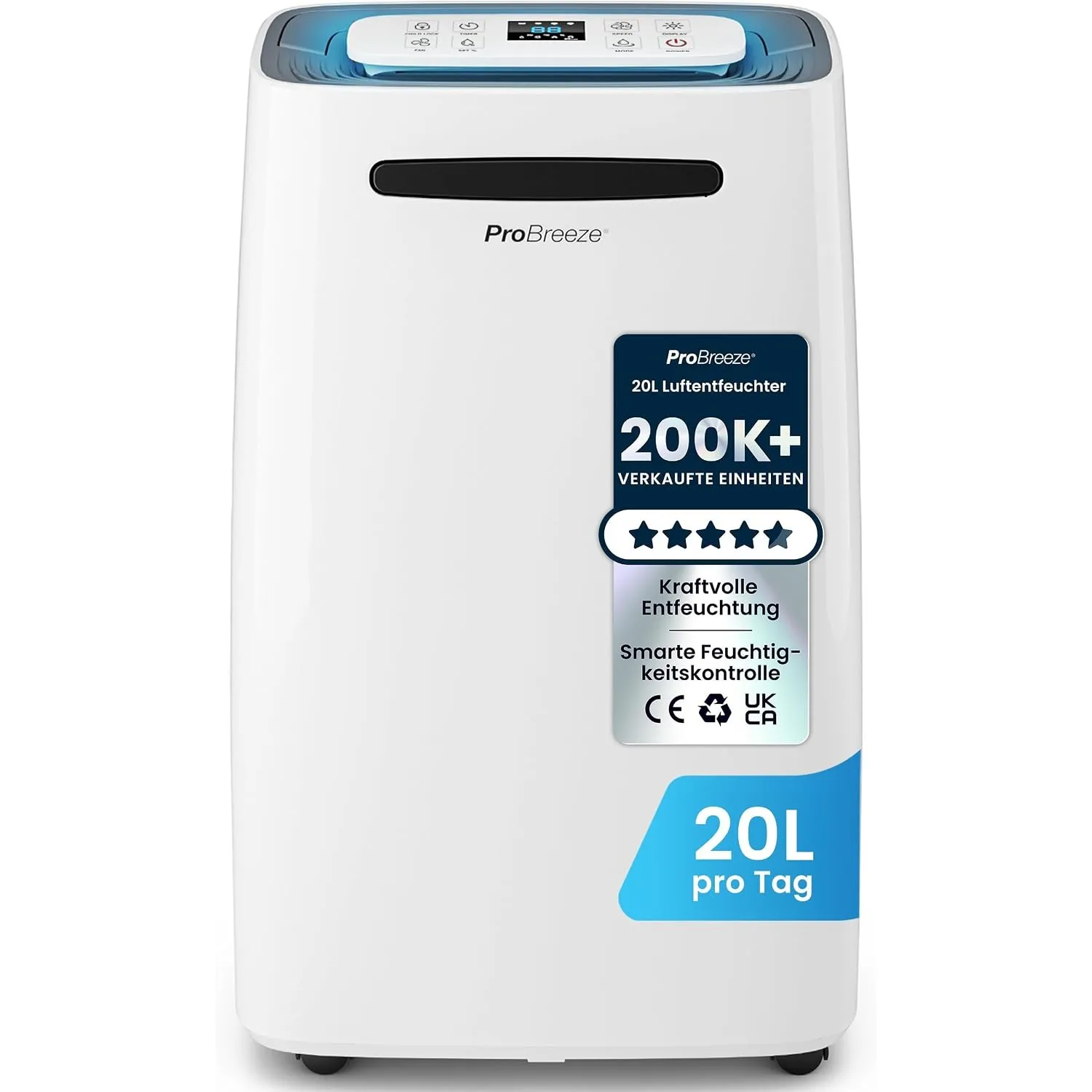 Pro Breeze Luftentfeuchter 20L in 24h Entfeuchtungsleistung - Raumgröße ca. 195m³ (~30 m²) - mit 4 Betriebsarten, Digit…