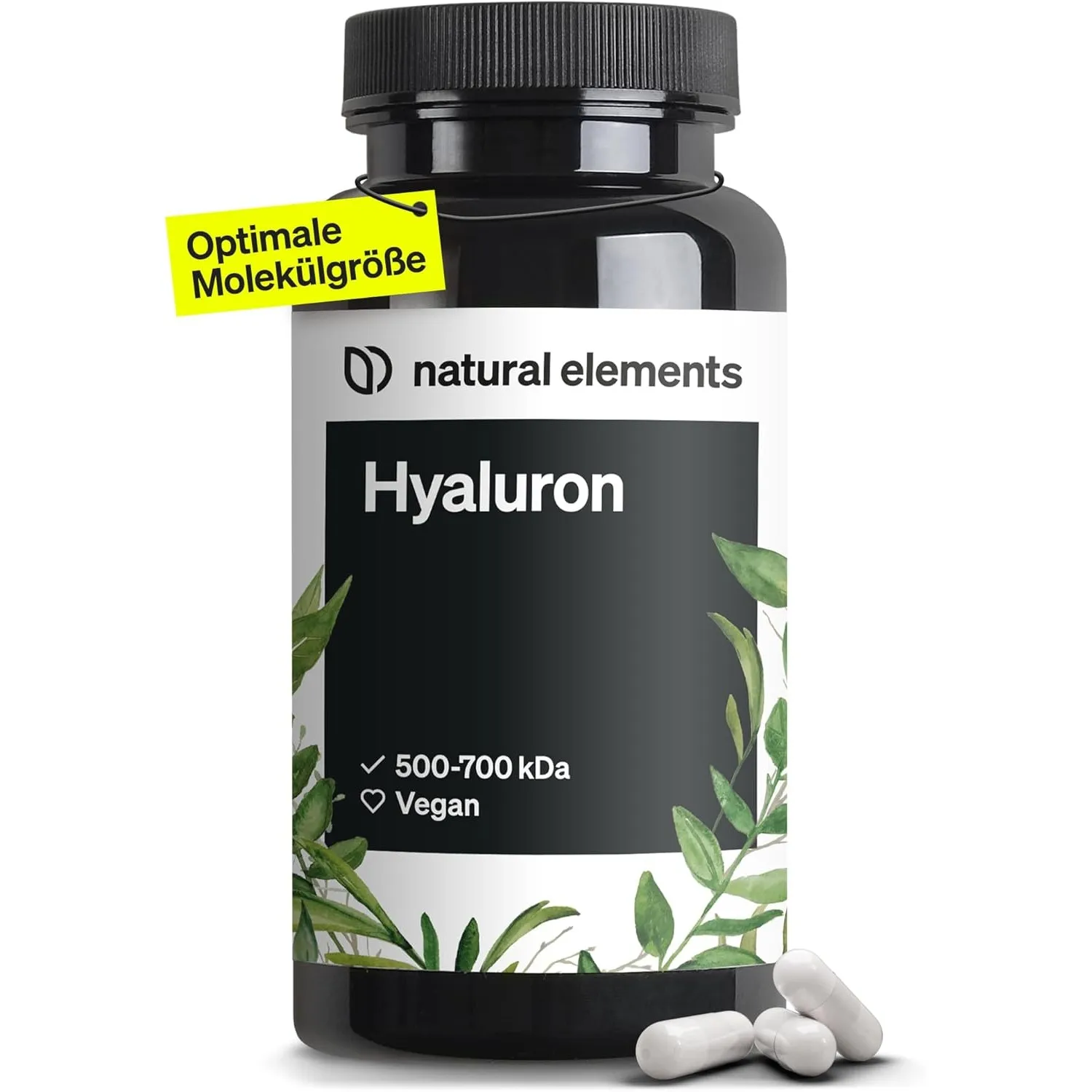 natural elements Vegane Hyaluronsäure – 500 mg Hyaluron/Kapsel – 90 Kapseln für 3 Monate – 500–700 kDa – hochdosiert, o…