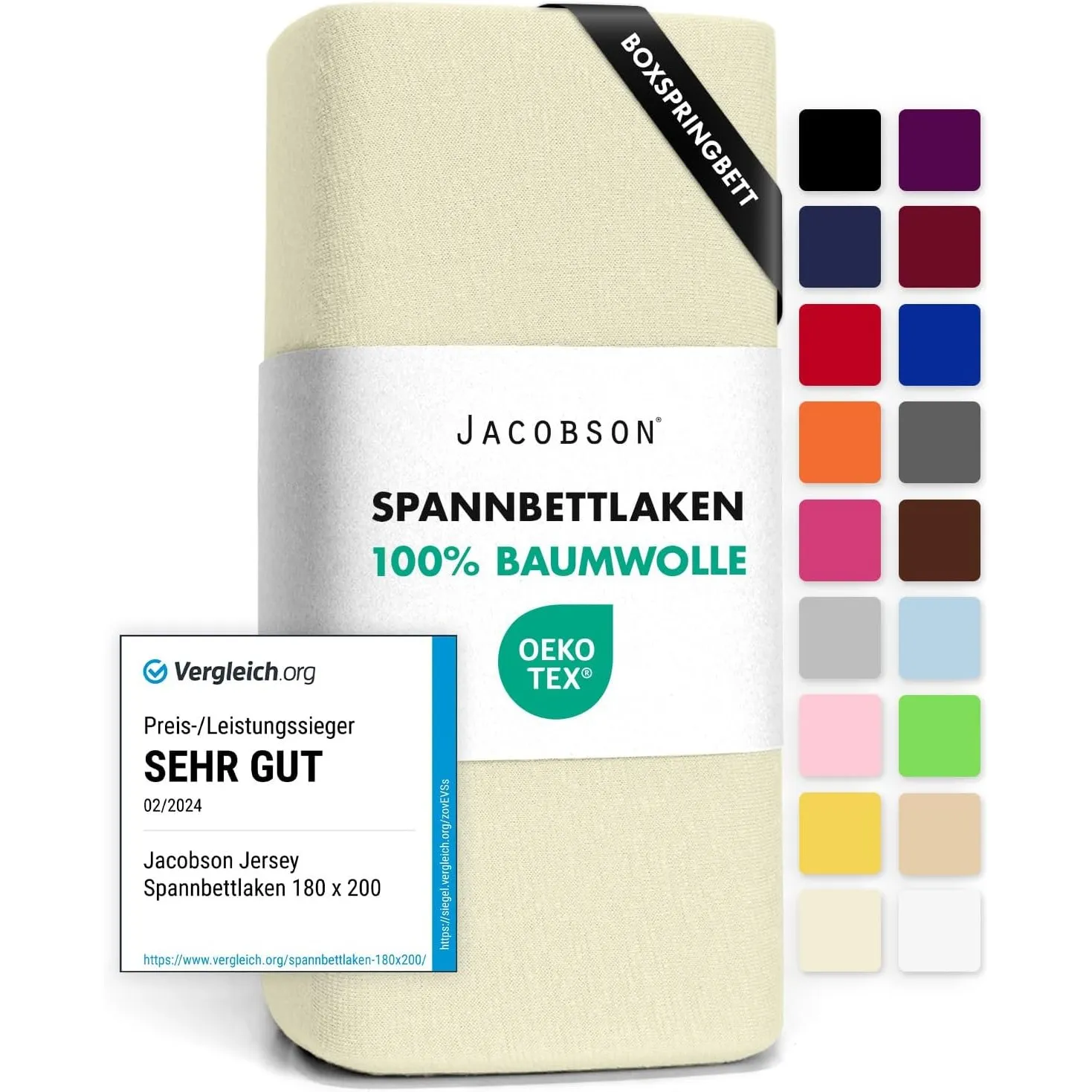 Jacobson Jersey Spannbettlaken Spannbetttuch Baumwolle Bettlaken (180x200-200x220 cm, Natur)