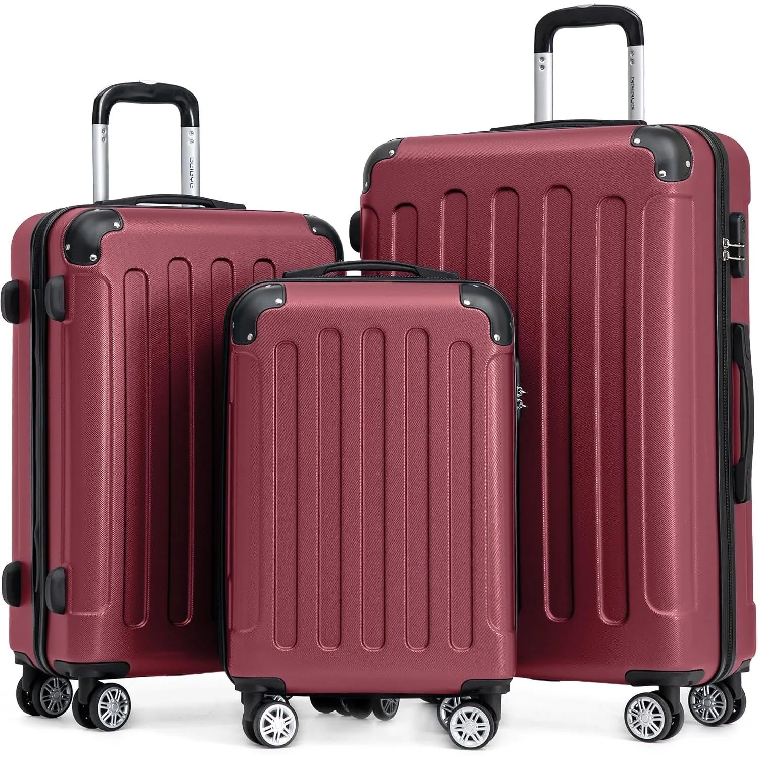 BEIBYE Kofferset 3-teilig – Kabinenkoffer, Reisekoffer und XL-Koffer aus ABS mit Doppelrollen und Zahlenschloss, Weinrot