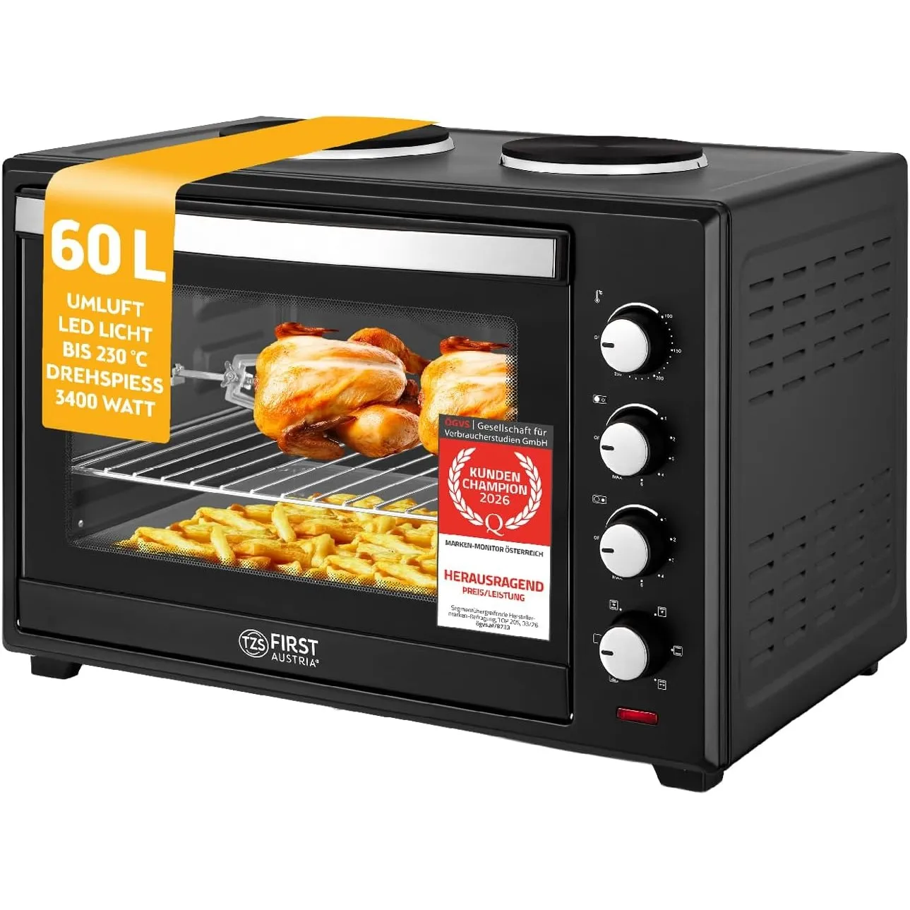 TZS First Austria - Minibackofen mit Kochplatten 60L 3200 W - Mini Backofen Pizzaofen mit Herdplatten bis 230°C & 6 Hei…