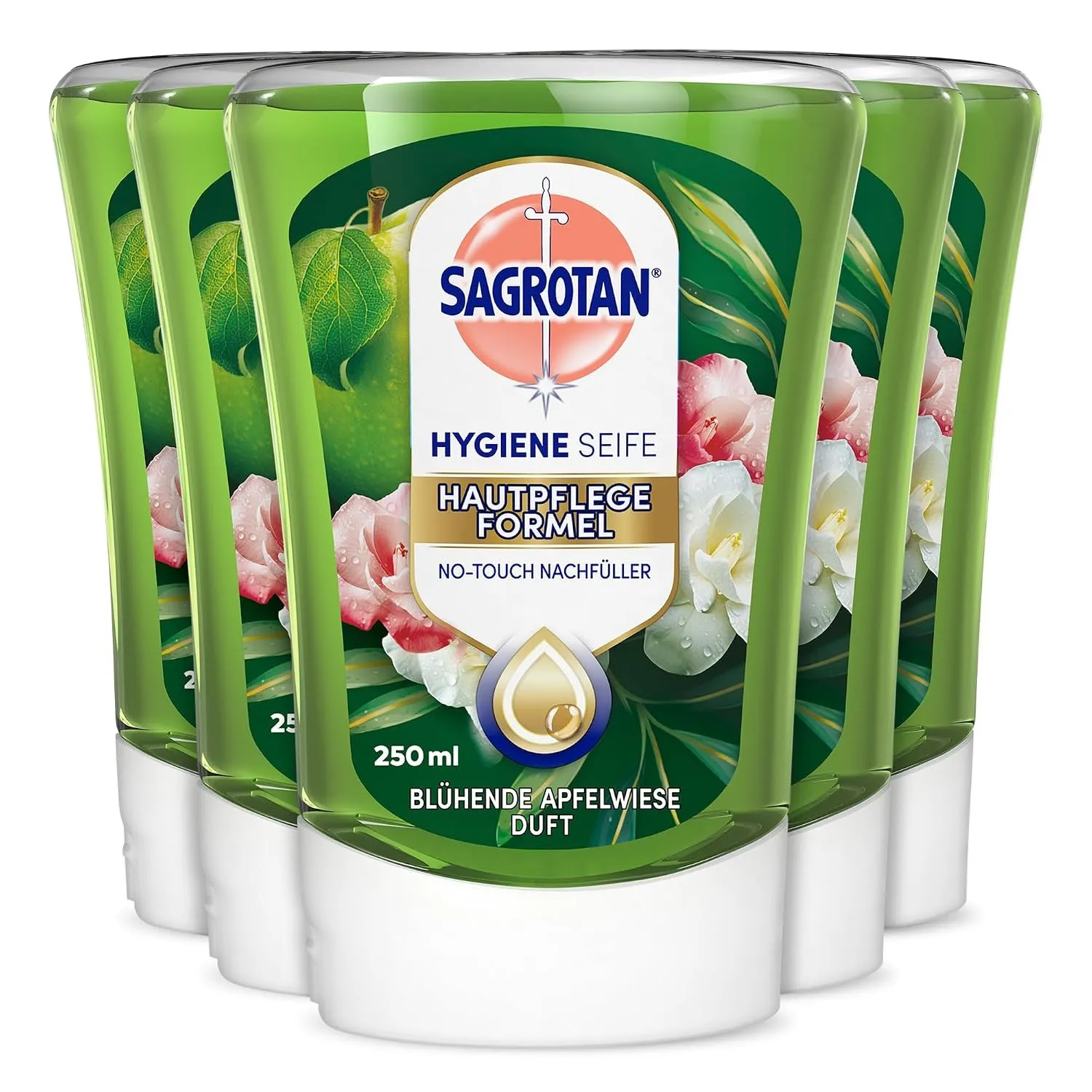 Sagrotan No-Touch Nachfüller Blühende Apfelwiese Duft – Für den automatischen Seifenspender – 5 x 250 ml Handseife