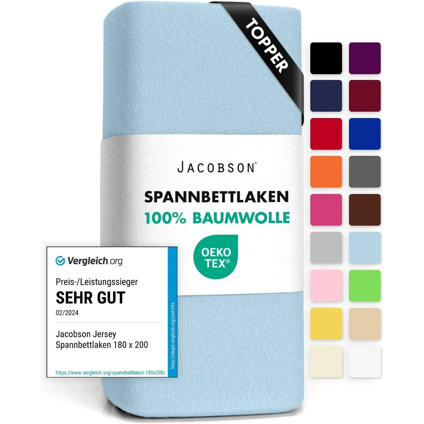 Jacobson Jersey Spannbettlaken Spannbetttuch Baumwolle Bettlaken (Topper 140-160x200 cm, Hellblau)
