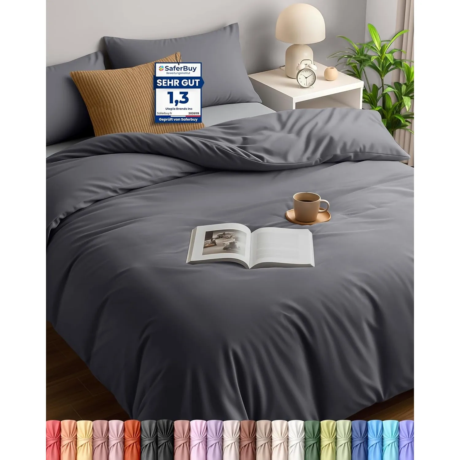 Utopia Bedding Bettwäsche 200x200 Set - Mikrofaser Bettbezug 200x200 cm + 2 Kissenbezüge 50x75 cm - Grau