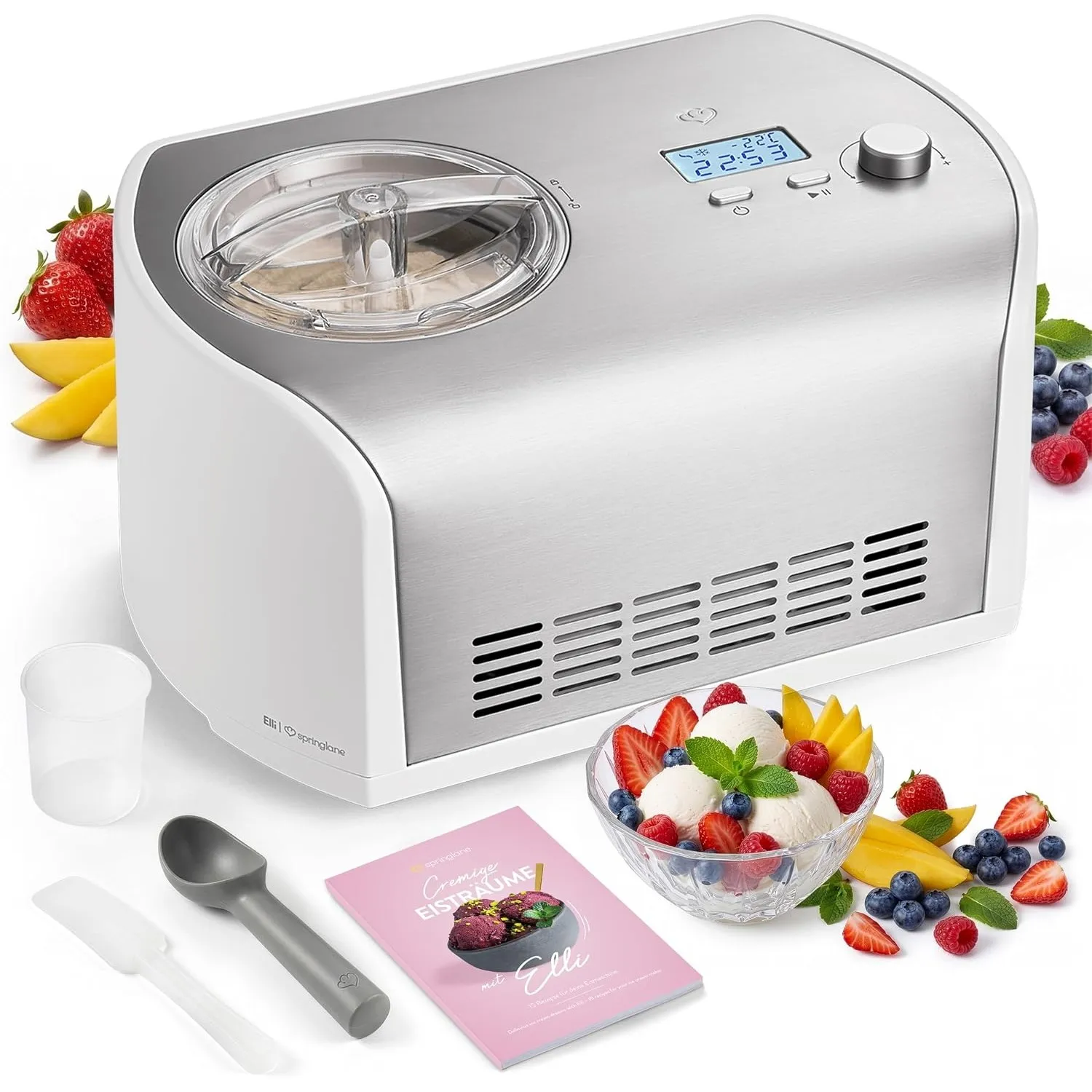 SPRINGLANE Eismaschine Elli 1,2 L mit selbstkühlendem Kompressor 135 W, Eiscrememaschine aus Edelstahl mit entnehmbarem…