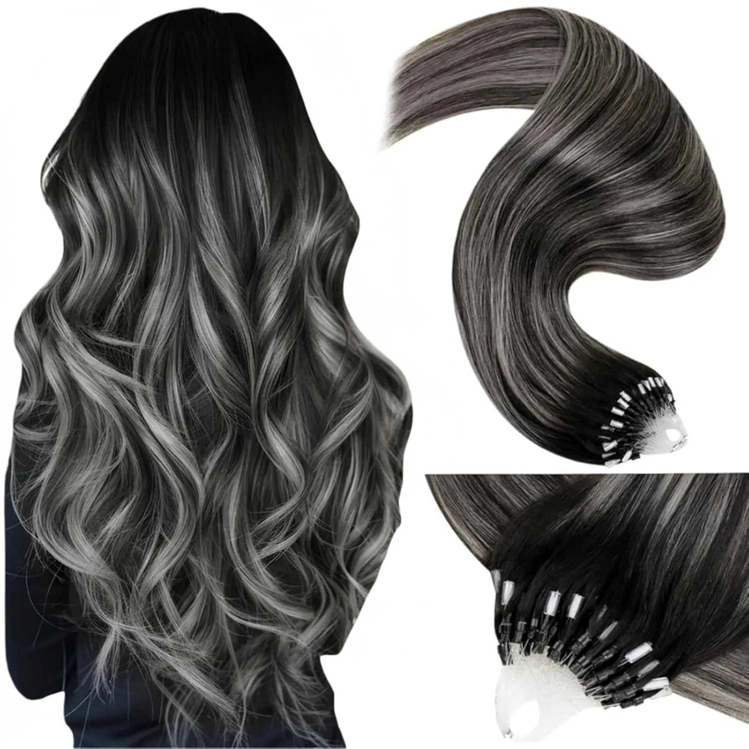 LaaVoo Extensions Echthaar Silber Schwarz 35cm 50G 50s #1B/S/1B