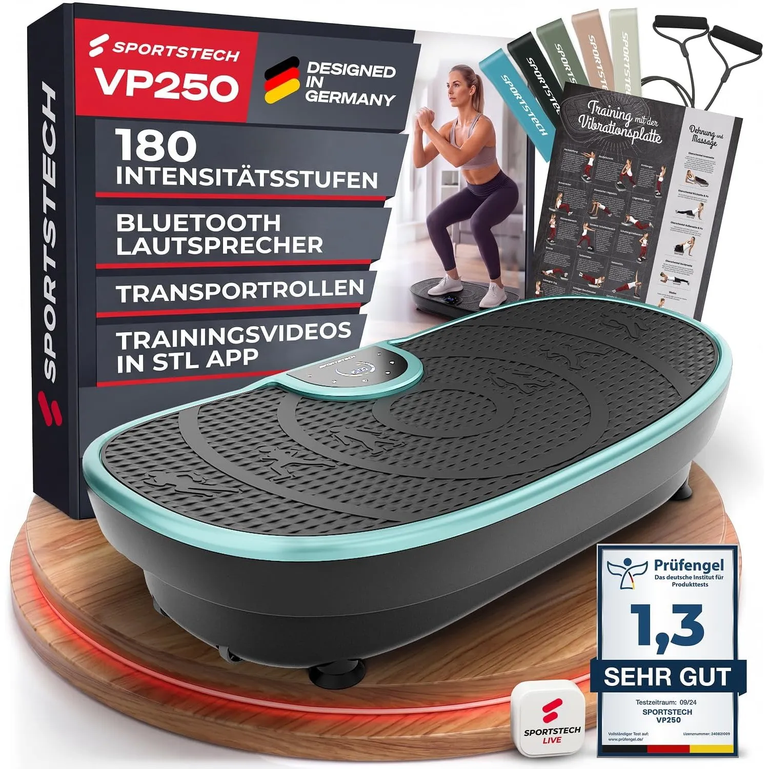 Sportstech Vibrationsplatte, leiser Motor, Yoga & Lymphdrainage VP250
