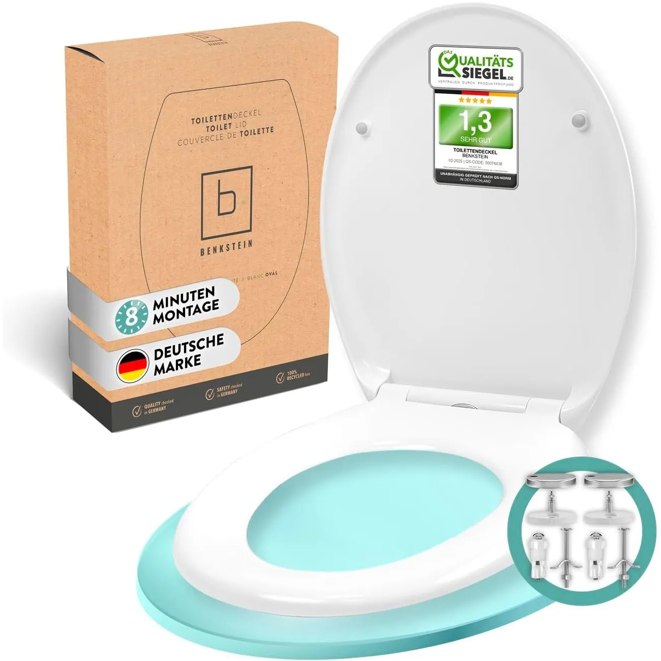 Benkstein® Toilettendeckel mit Absenkautomatik oval weiß – antibakterieller WC Sitz – Quick-Release zur einfachen Reini…