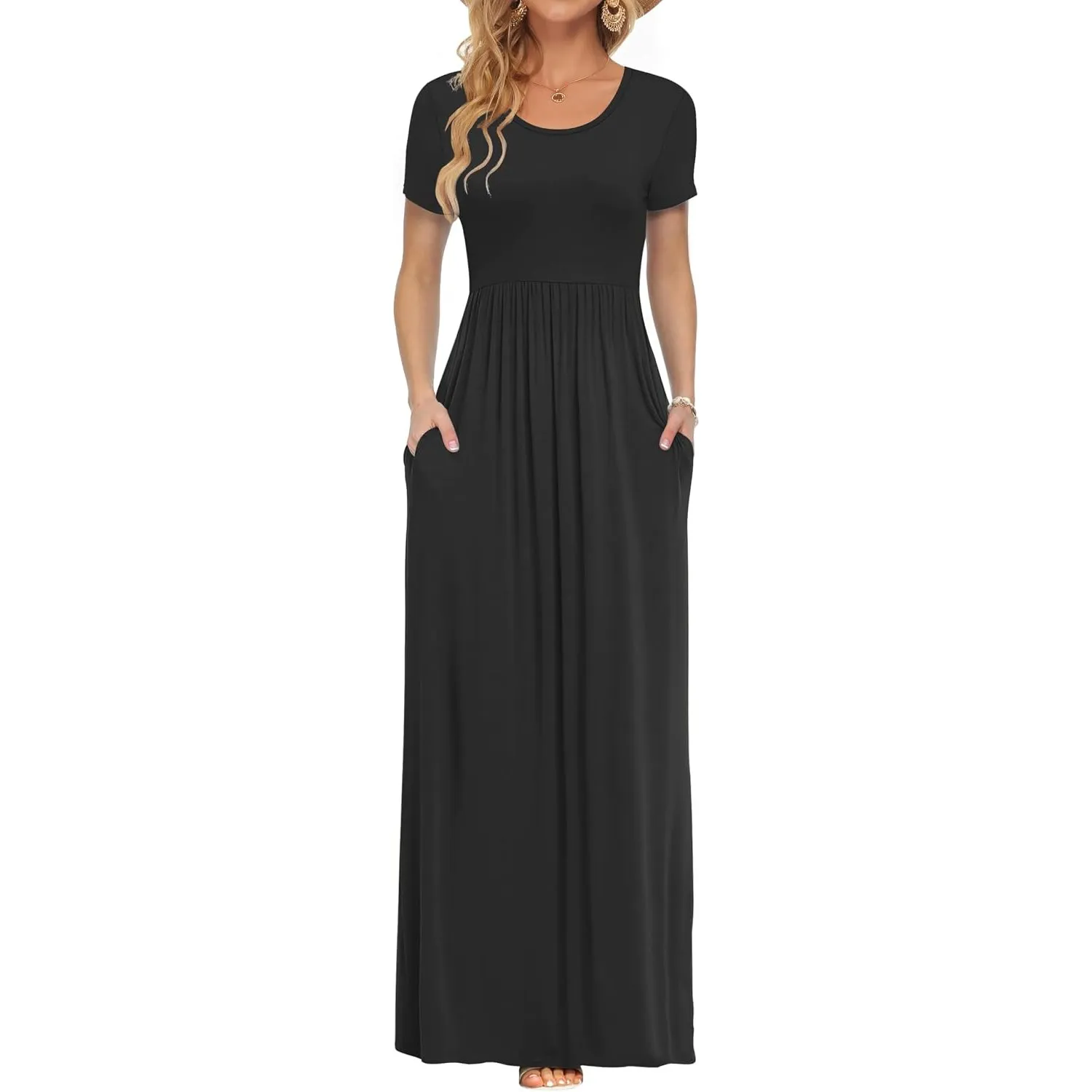AUSELILY Damen Kurzarm Sommer Casual Long Maxi Kleider mit Taschen | Ganzjähriges Tragen, solider Blumendruck, Freizeit…