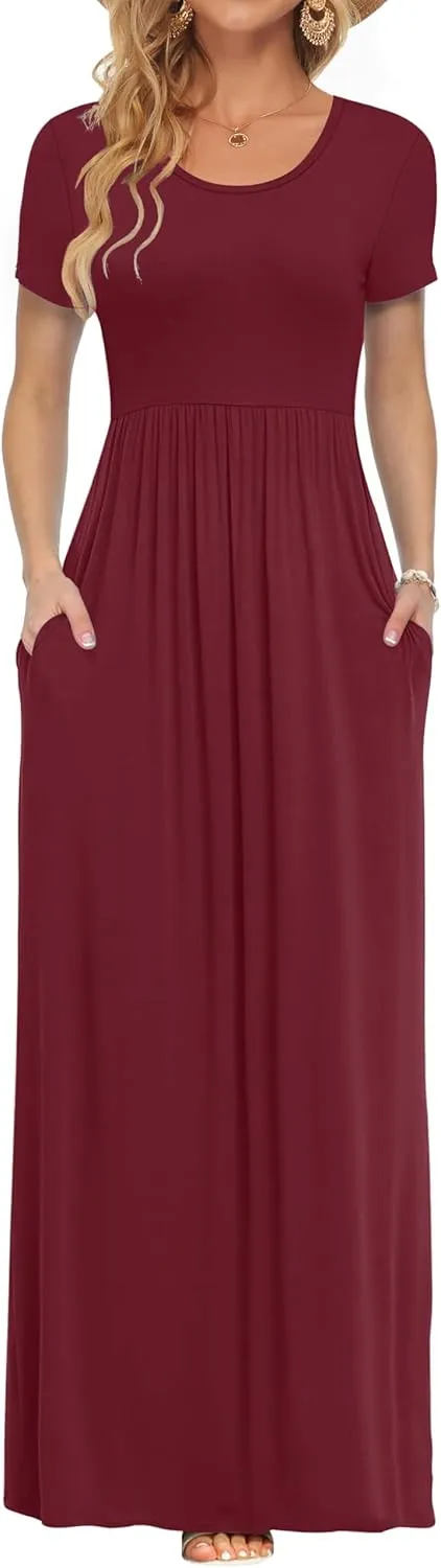 AUSELILY Damen Kurzarm Sommer Casual Long Maxi Kleider mit Taschen