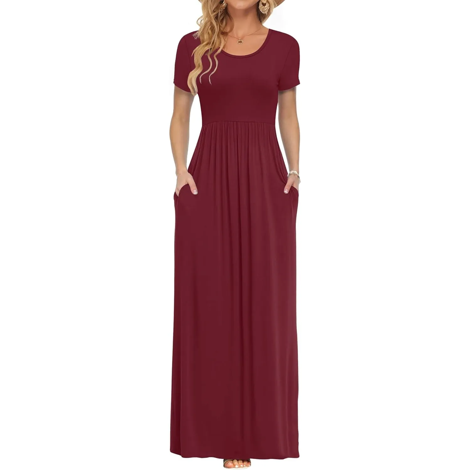 AUSELILY Damen Kurzarm Sommer Casual Long Maxi Kleider mit Taschen | Ganzjähriges Tragen, solider Blumendruck, Freizeit…