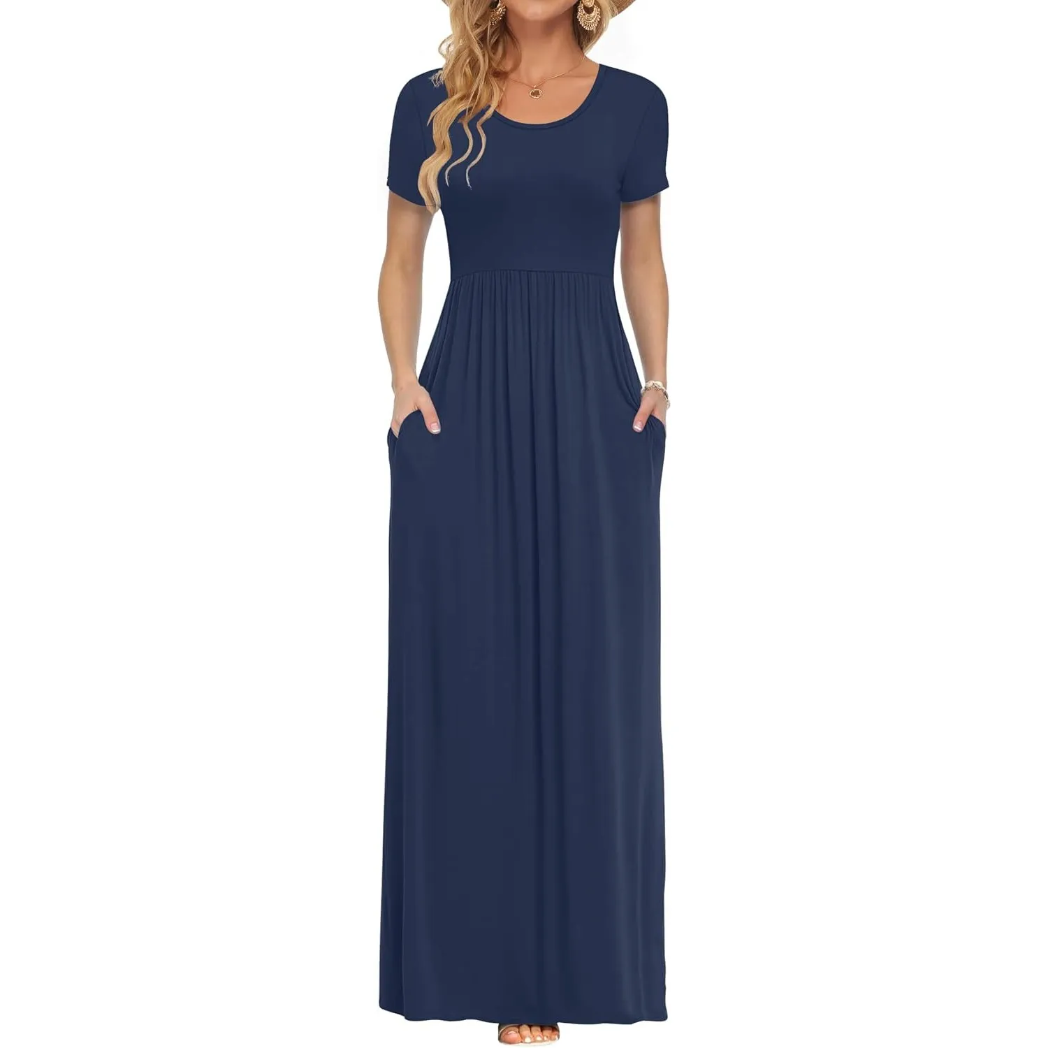 AUSELILY Damen Kurzarm Sommer Casual Long Maxi Kleider mit Taschen | Ganzjähriges Tragen, solider Blumendruck, Freizeit…