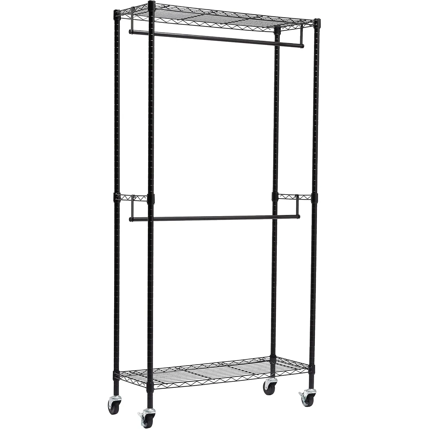 Amazon Basics Doppel-Kleiderstange mit Rädern, Höhenverstellbare Regale, Schwarzes Metall, Maximalgewicht 181kg, für Sc…