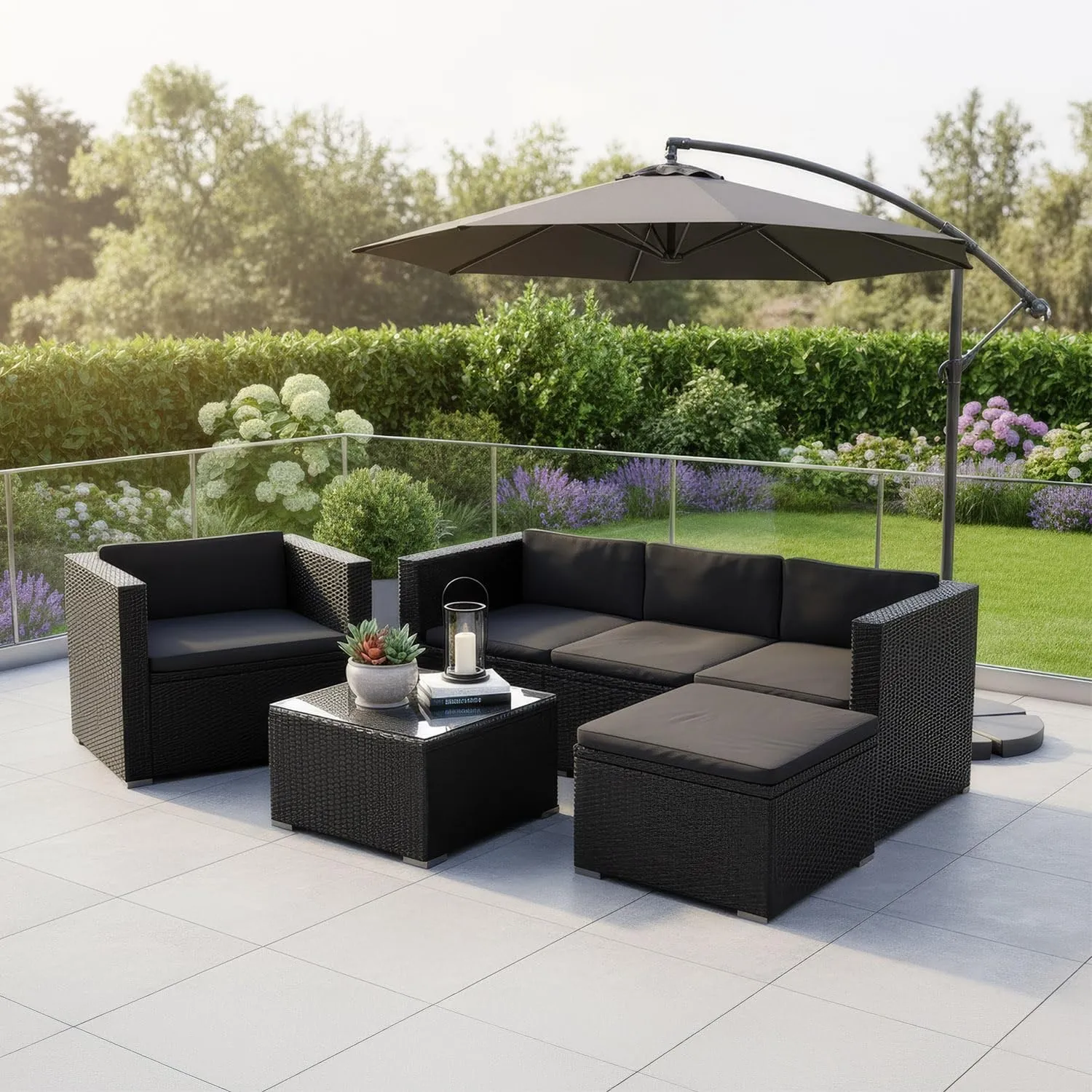 Juskys Polyrattan Lounge Punta Cana L für 4-5 Personen mit 3er Sofa, Sessel, Hocker, Tisch & Kissen, Sitzgruppe für Gar…