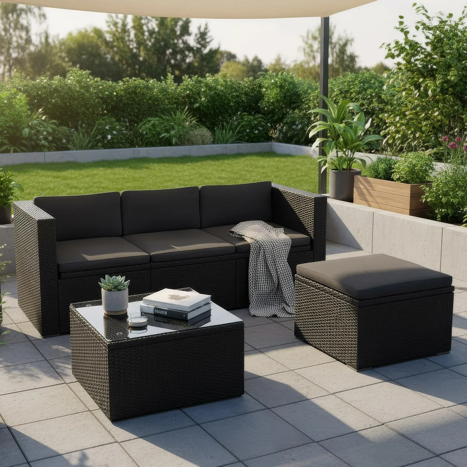 Juskys Gartenmöbel Set M – Punta Cana Polyrattan Lounge Möbel für 3–4 Personen mit Sofa, Sessel, Tisch & Kissen, wetter…