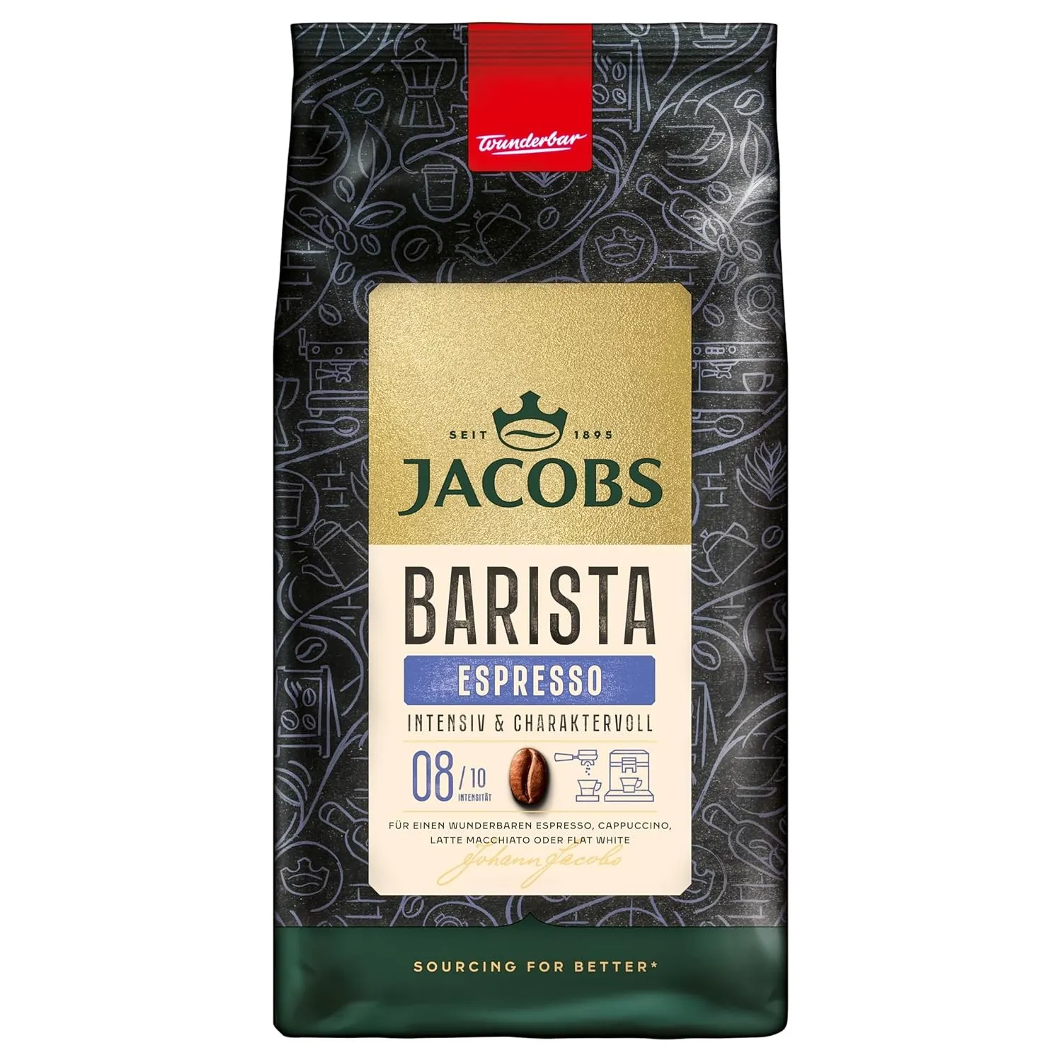 Jacobs Kaffeebohnen Barista Espresso, kräftig mit Kakao- & Karamell-Noten, geröstet in Bremen, Intensität 8/10, Kaffee …