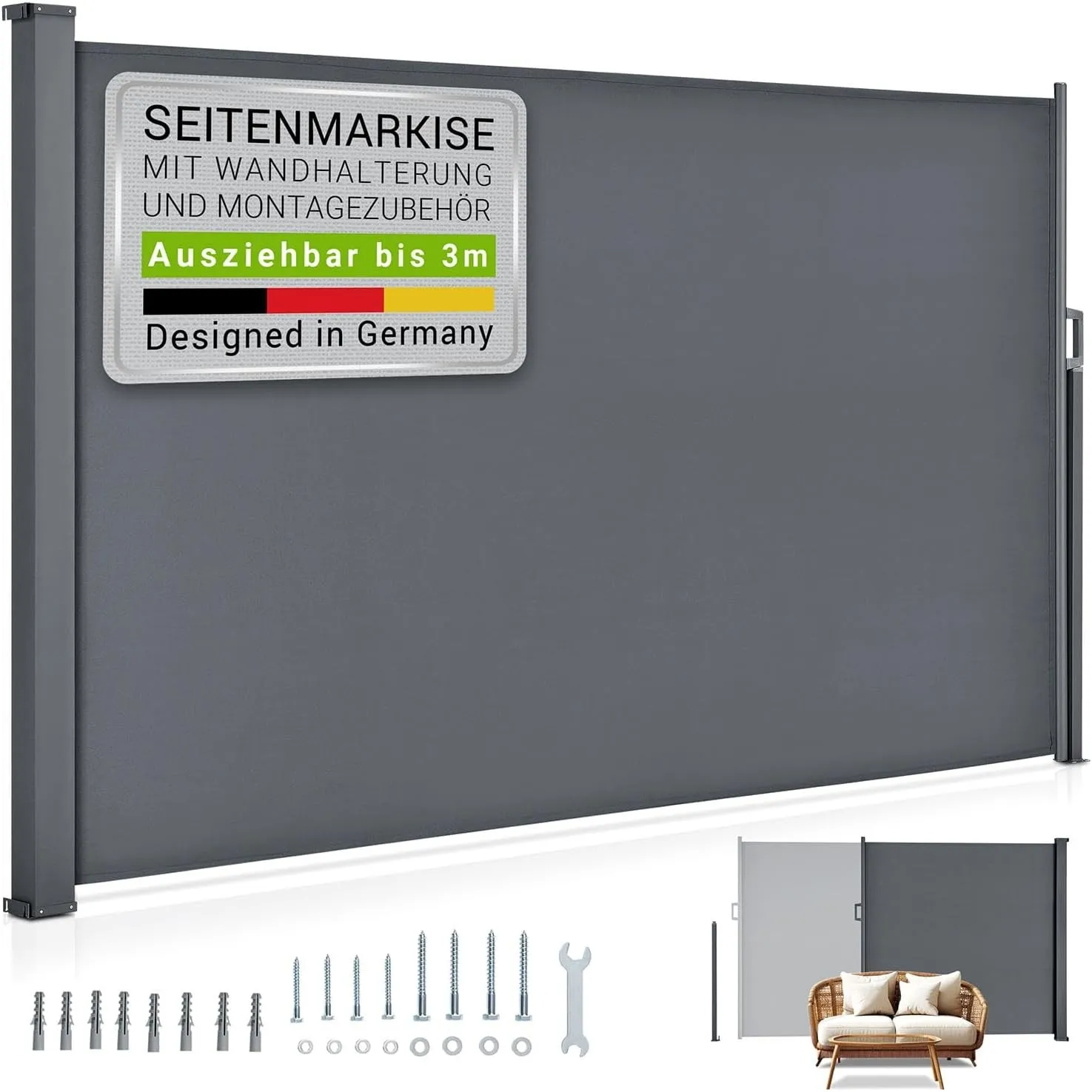 Juskys® Seitenmarkise Dubai 160 x 300 cm ausziehbar Blickdicht, Sichtschutz für Balkon & Terrasse, Seitenrollo mit Wand…