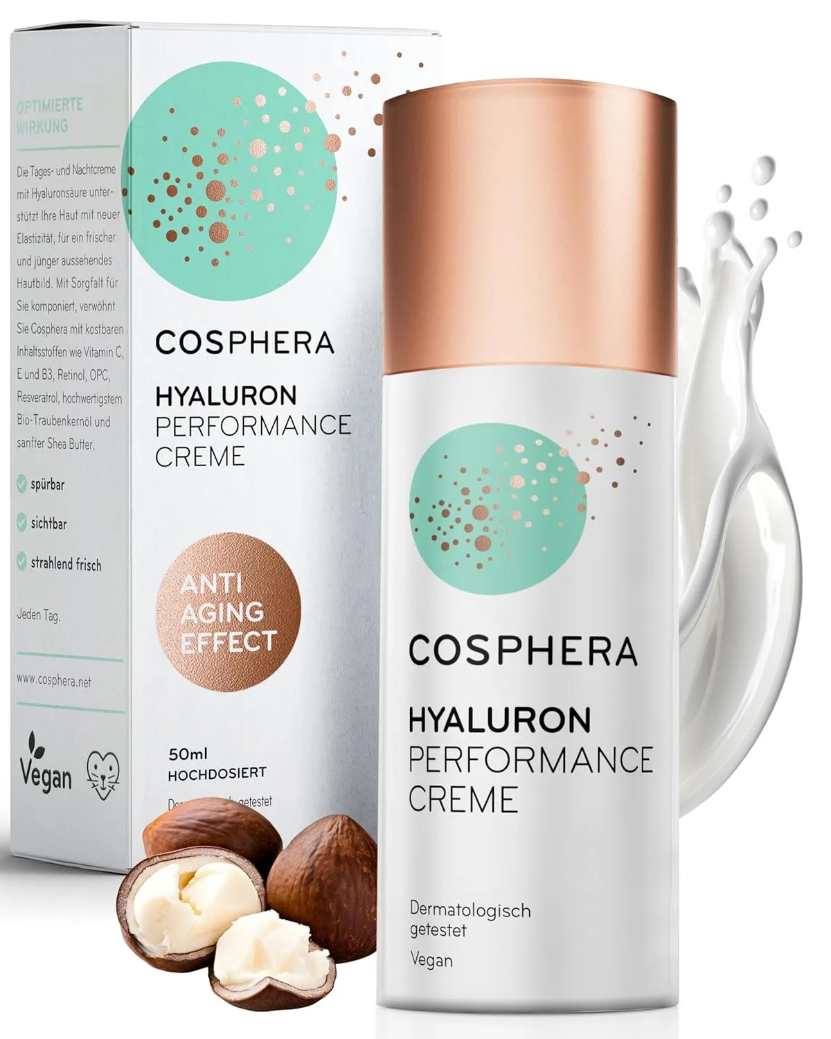 Cosphera - Hyaluron Performance Creme 50 ml - vegane Tages- und Nachtcreme hochdosiert für Gesicht, Hals, Dekolleté, Au…