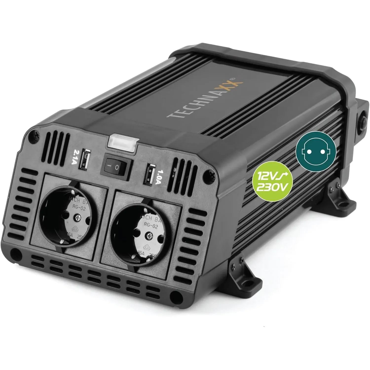 Technaxx KFZ Wechselrichter 12V auf 230V 1200W (2400W Spitze) – TÜV zertifizierter Spannungswandler mit 2x Schuko-Steck…