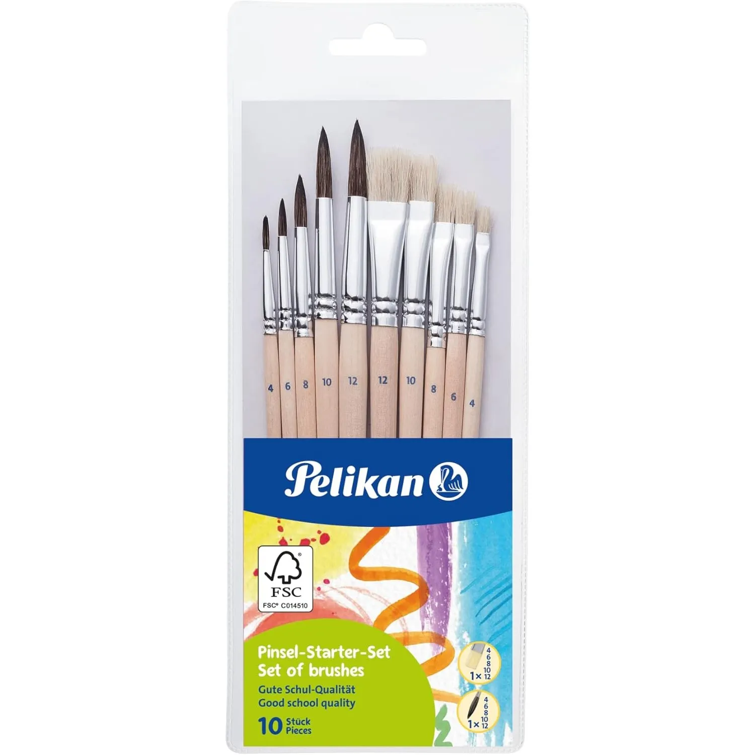 Pelikan Pinsel Starter-Set mit 5 Haar- und 5 Borstenpinseln, für die Schule, 10 Stück