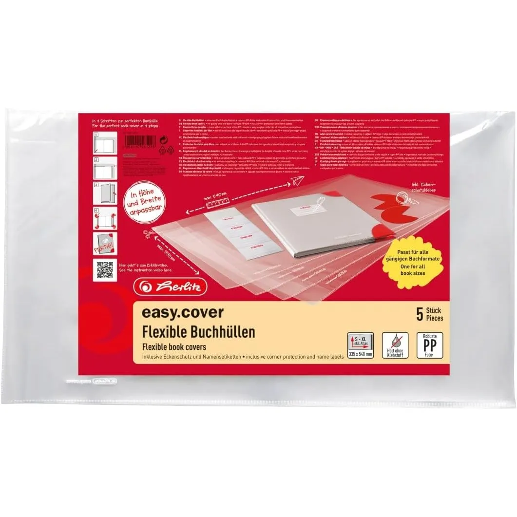 Herlitz easy cover Buchumschlag, transparent, für alle gängigen Buchformate, 5 Stück