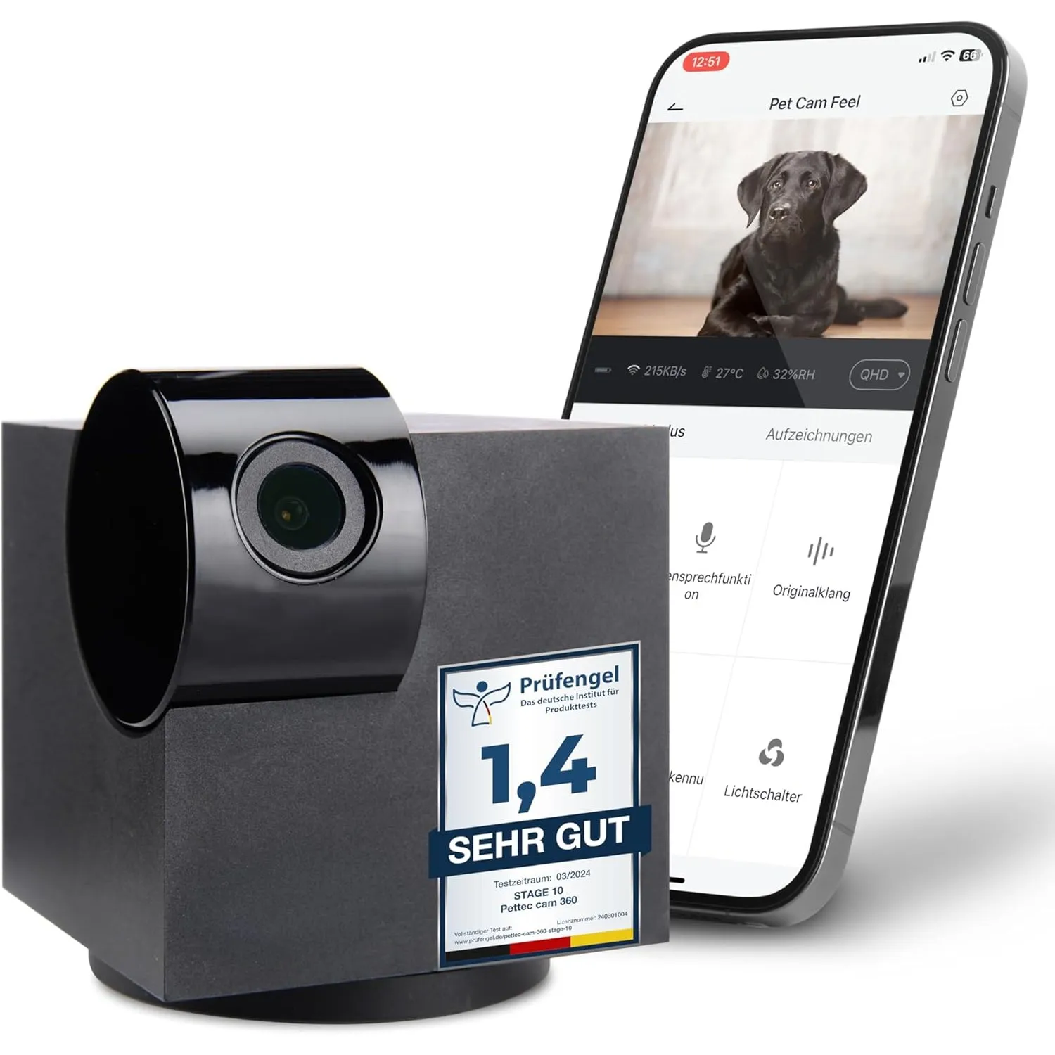 PetTec® Cam 360° Haustierkamera Hundekamera mit App [OHNE ABO-FALLE] - Katzen & Hunde Kamera Zuhause mit Bewegungserken…