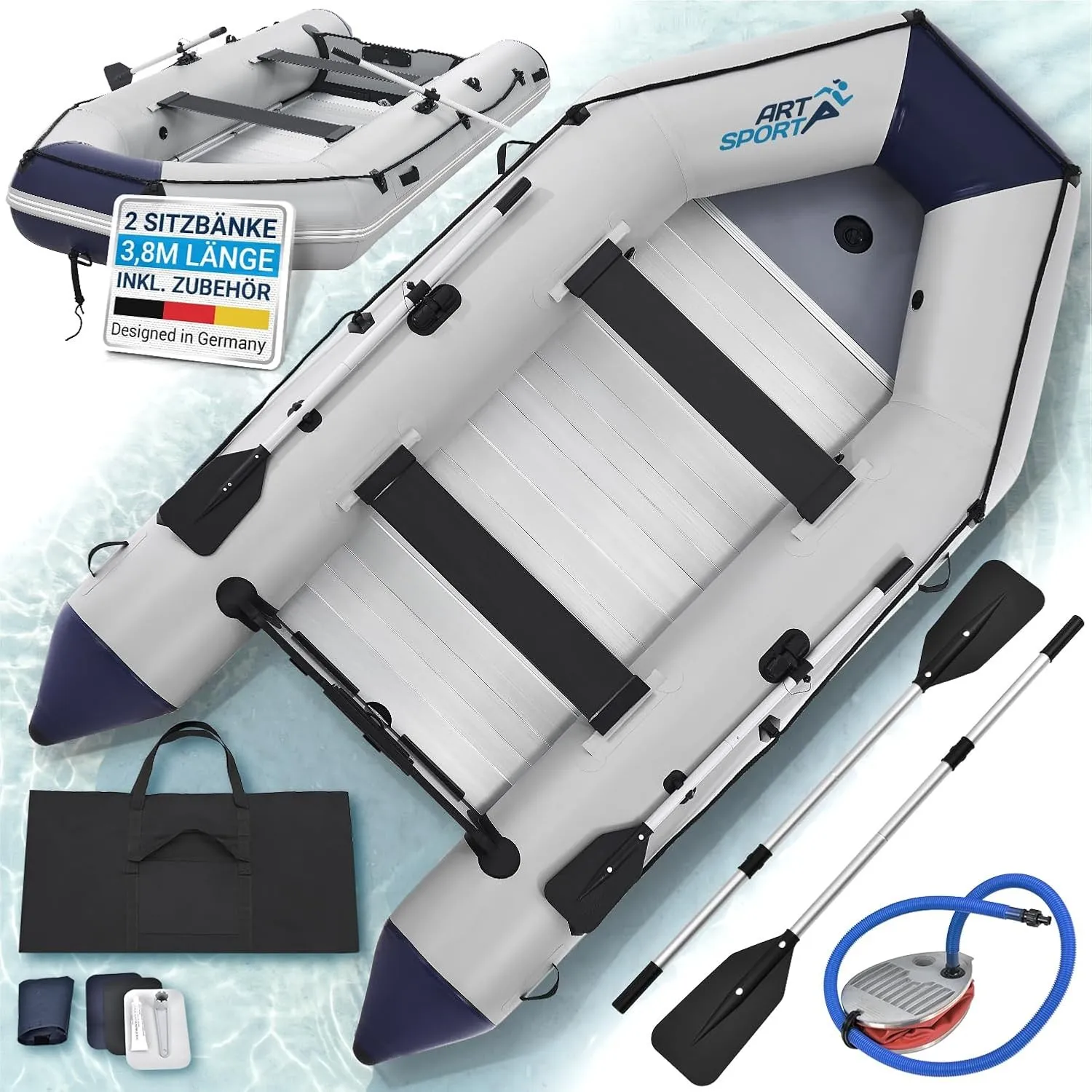 ArtSport Schlauchboot 3,80 m für 6 Personen mit 2 Sitzbänke & Aluboden - Paddelboot mit Paddel, Pumpe, Tasche & Reparat…