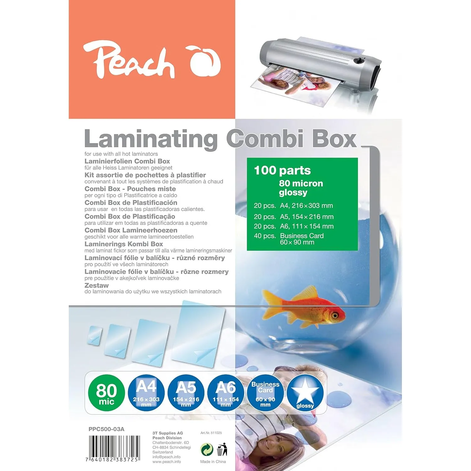 Peach Laminierfolien Set 100 Stück - A4 A5 A6 Visitenkarte, 80 mic glänzend