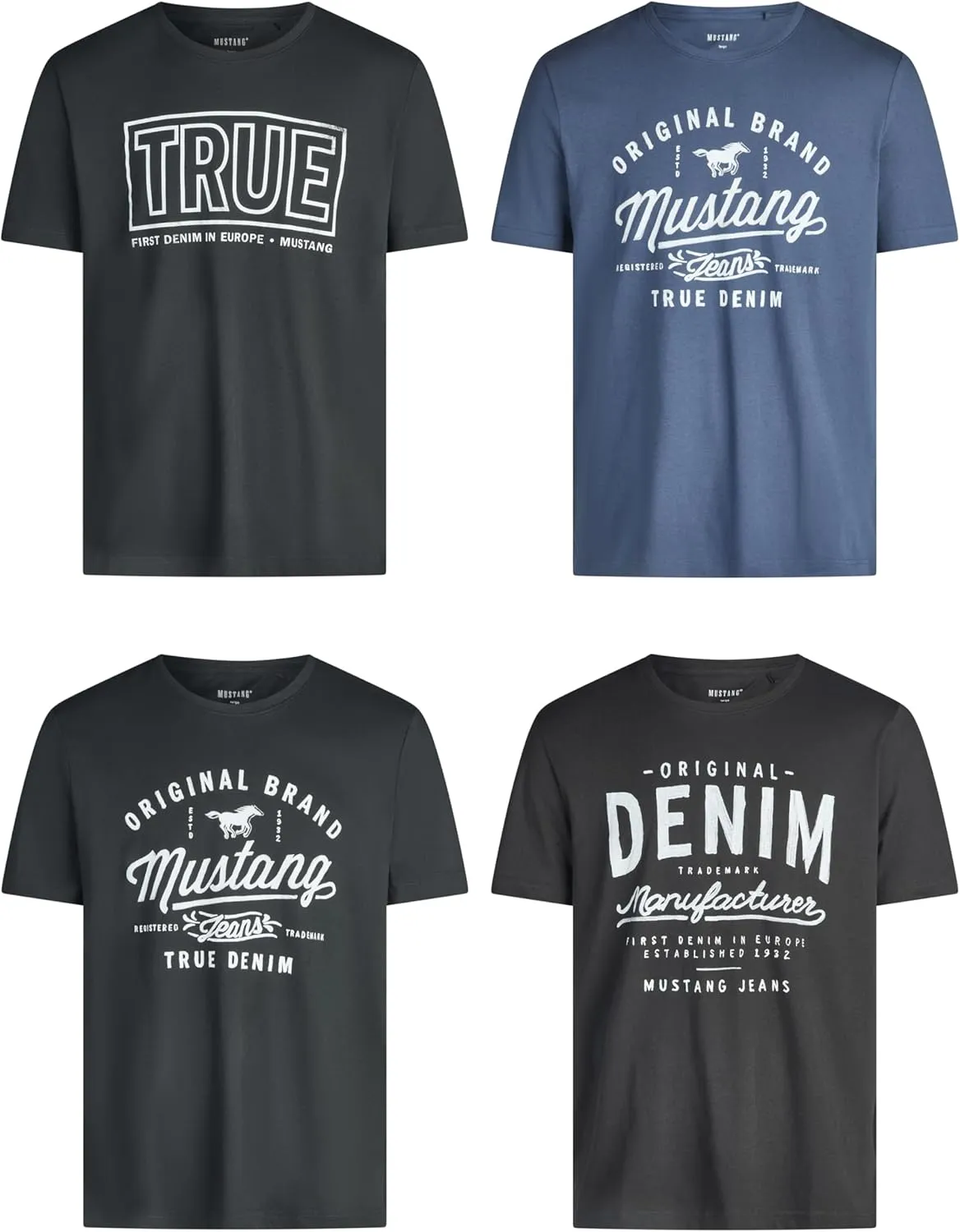 MUSTANG Tshirt Herren Baumwolle Regular Fit 4er Pack Set Rundhals Kurzarm Sommer Tee Shirt Logoprint Schwarz Weiß Grau …