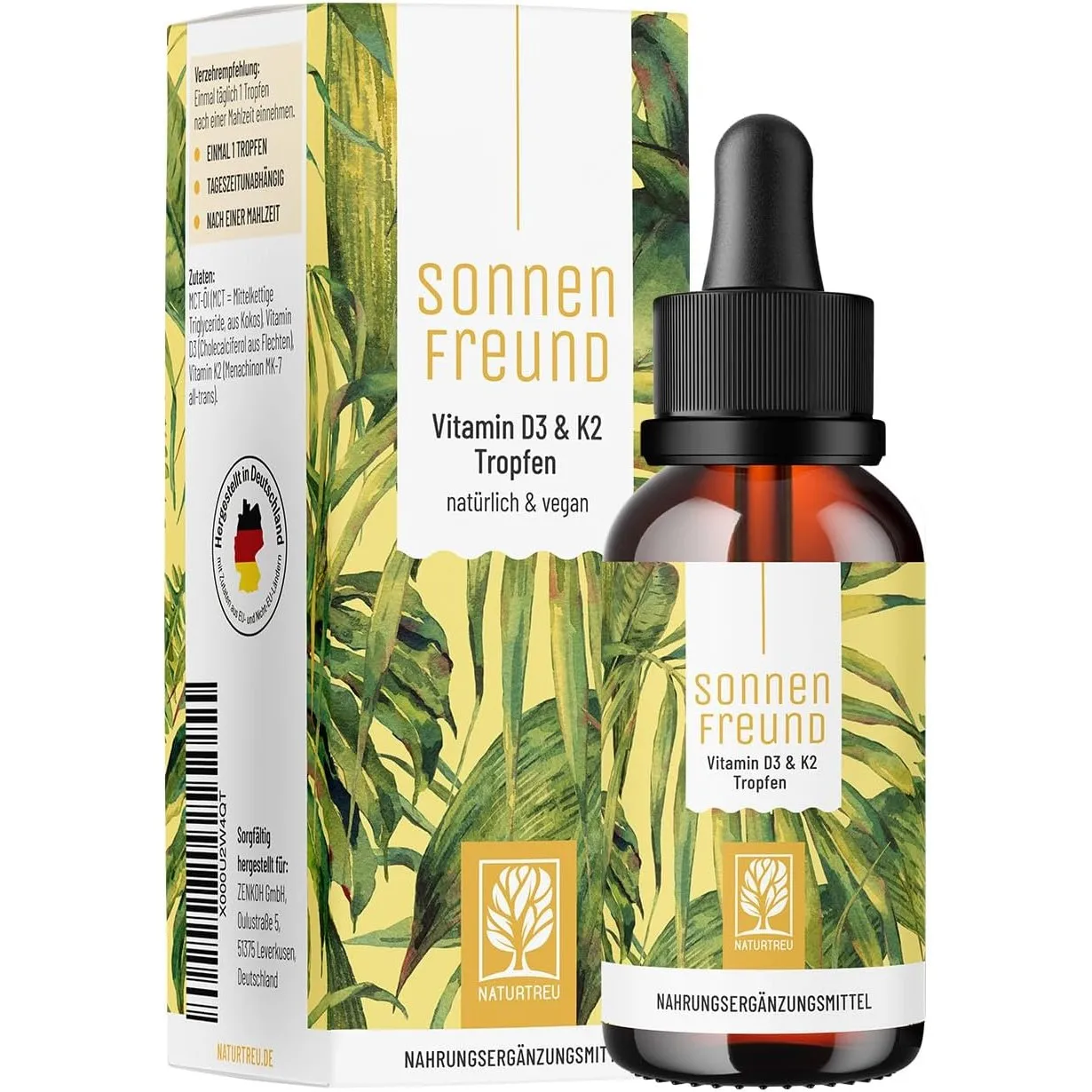 NATURTREU® Vitamin D3 K2 Tropfen hochdosiert & vegan - 100% pflanzlich