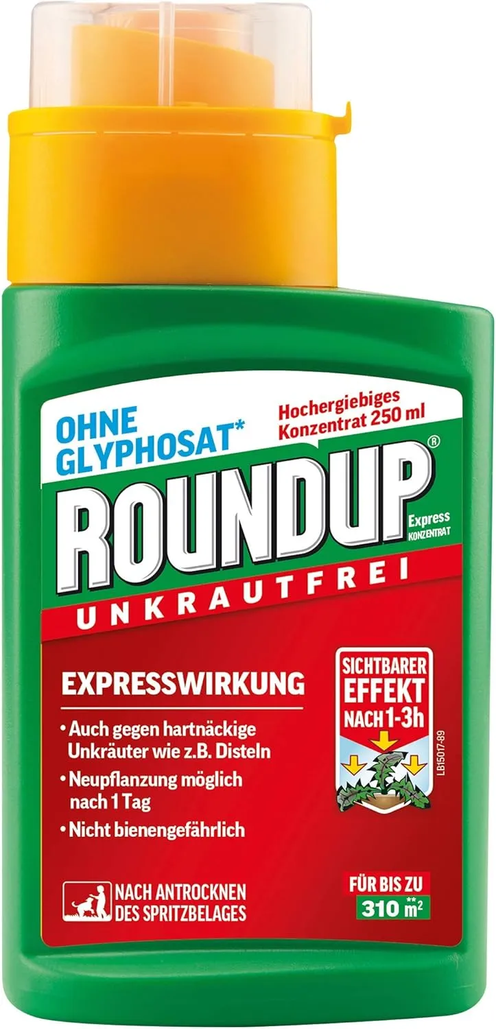 Roundup Unkrautfrei Express Unkrautvernichter Konzentrat, 250ml bis 310m², gegen Unkräuter und Gräser, Ohne Glyphosat