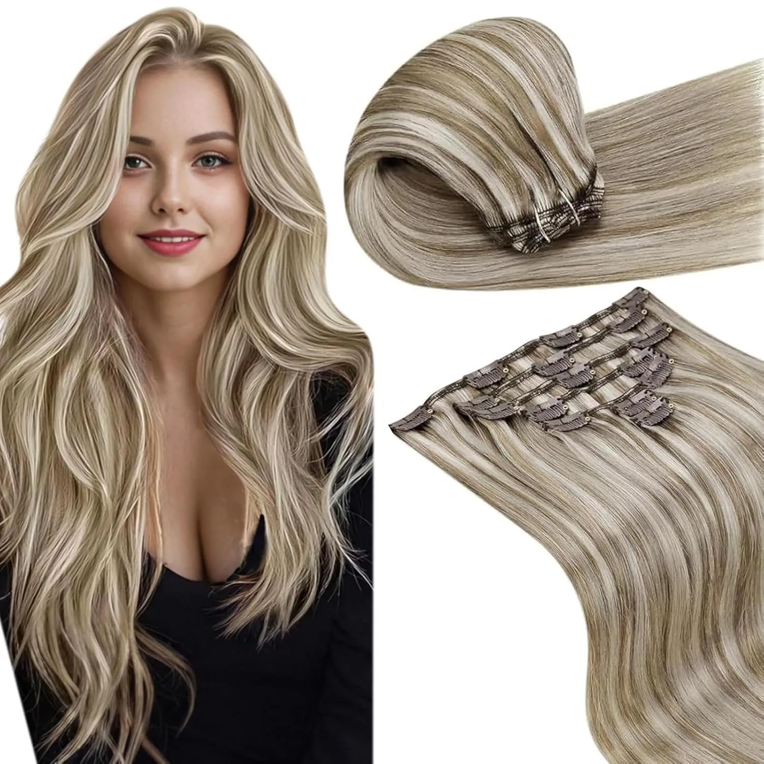 LaaVoo Haarverlängerung zum Anstecken, Echthaar, 7 Stück/105 g, 45 cm, Clip in Remy-Haar, Extensions, doppelt, Weft Hig…