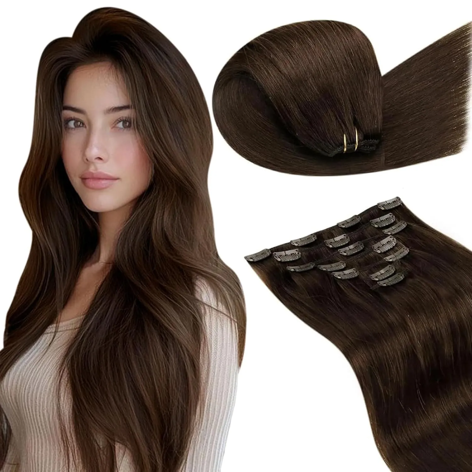 LaaVoo Clip in Extensions Echthaar Braun Hair Extensions Clip in Dunkelbraun Doppelt Tressen 35cm 120g 7Stück #4