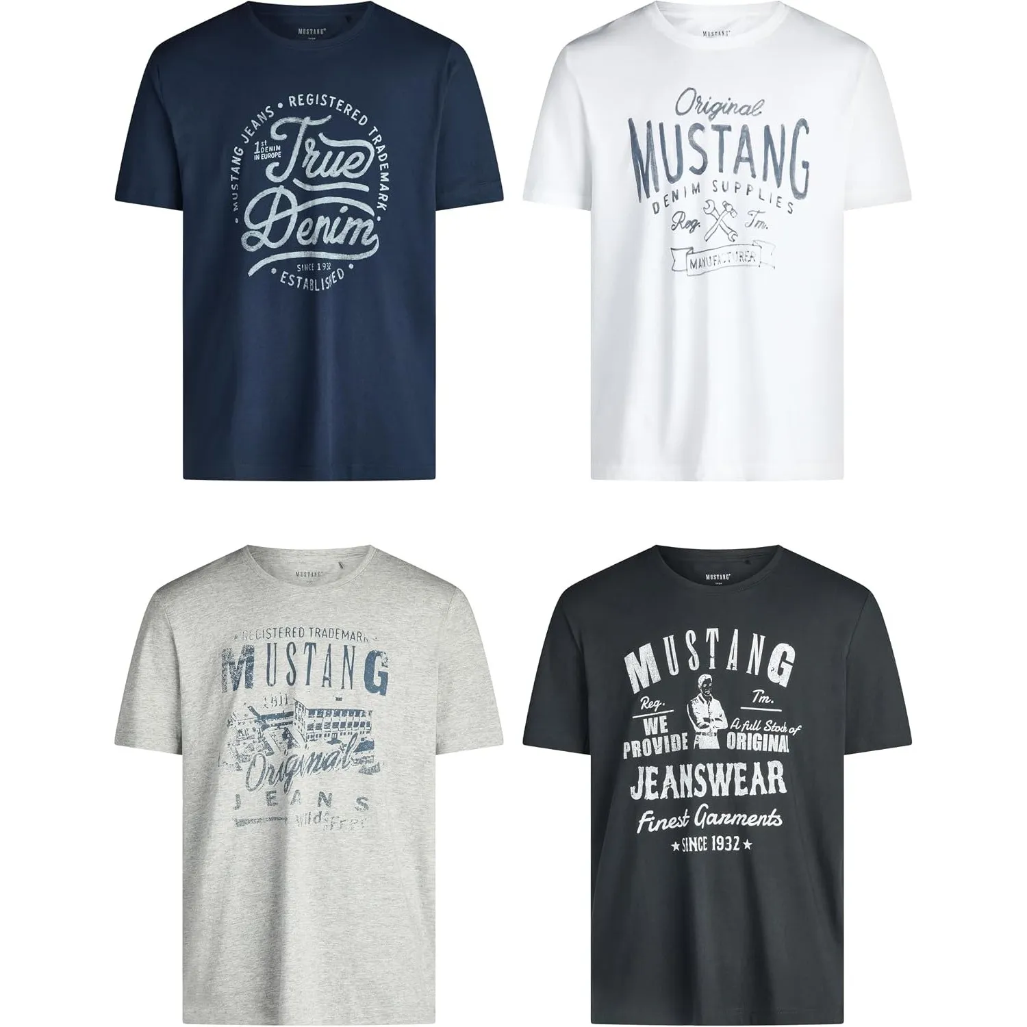 MUSTANG Tshirt Herren Baumwolle Regular Fit 4er Pack Set Rundhals Kurzarm Sommer Tee Shirt Logoprint Schwarz Weiß Grau …