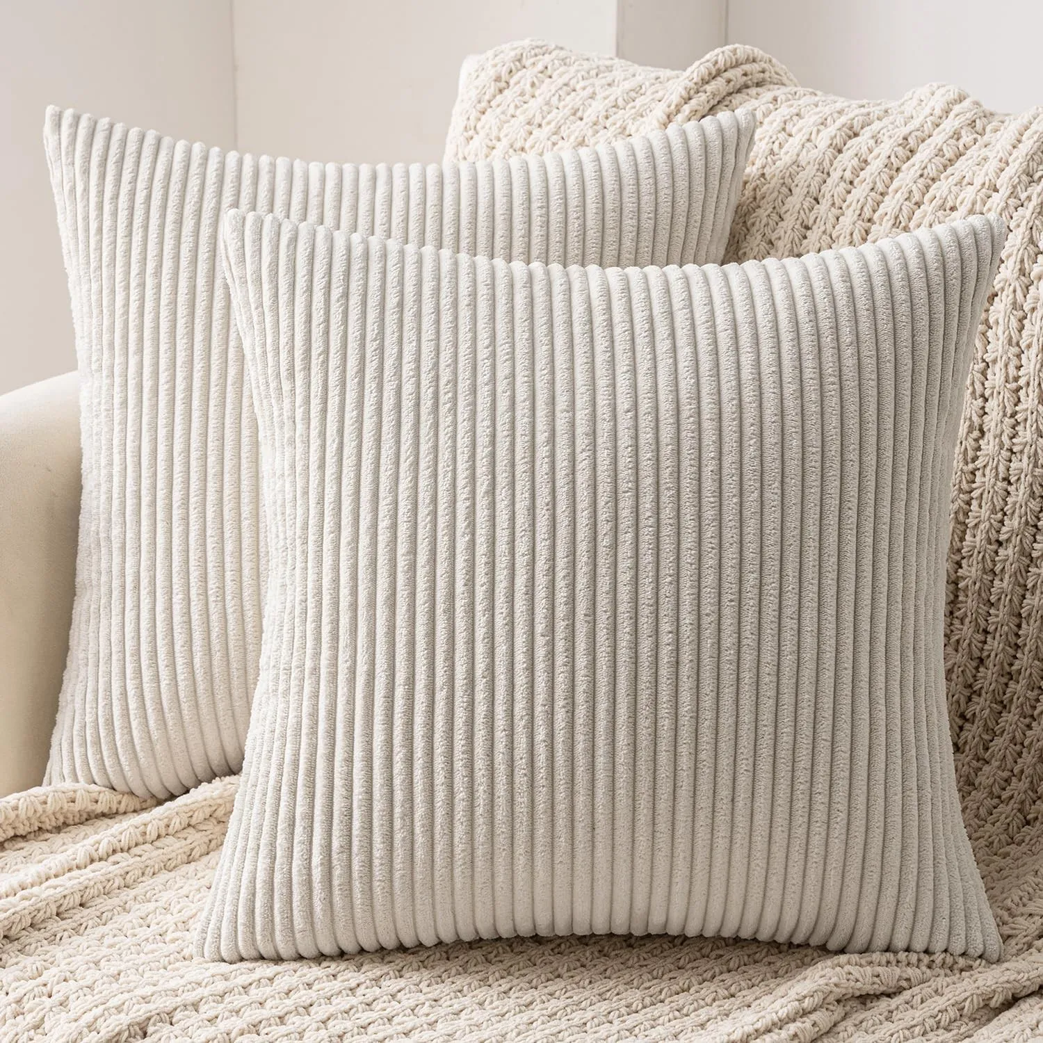 MIULEE 2er Set Kissenbezug 50x50 cm Kord Kissenhülle Sofakissen Beige