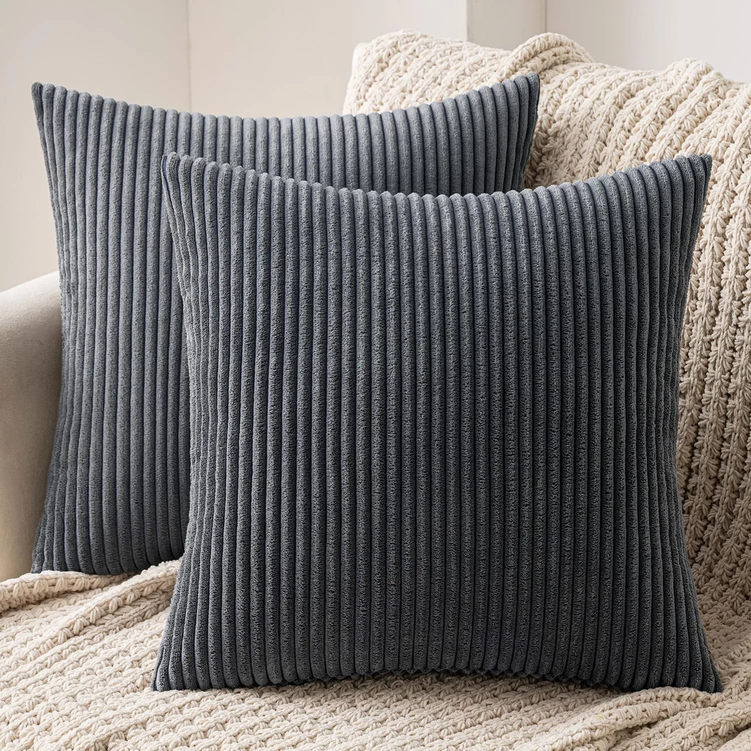 MIULEE 2er Set Kissenbezug 40x40 cm Kord Kissenhülle Sofakissen Dunkelgrau