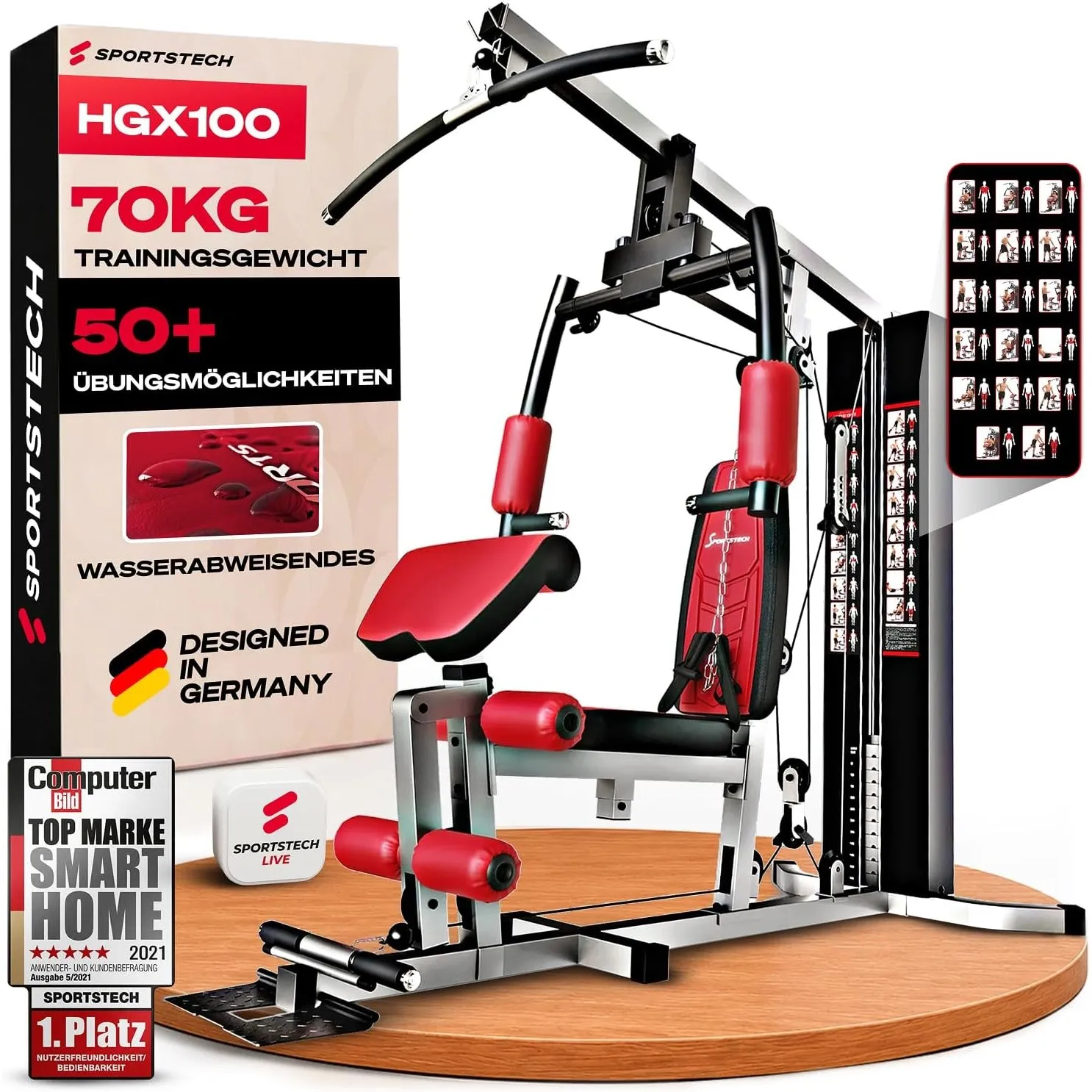 Sportstech, Kraftstation + bis 80 kg Gewichtsblock, Homegym HGX100/HGX300