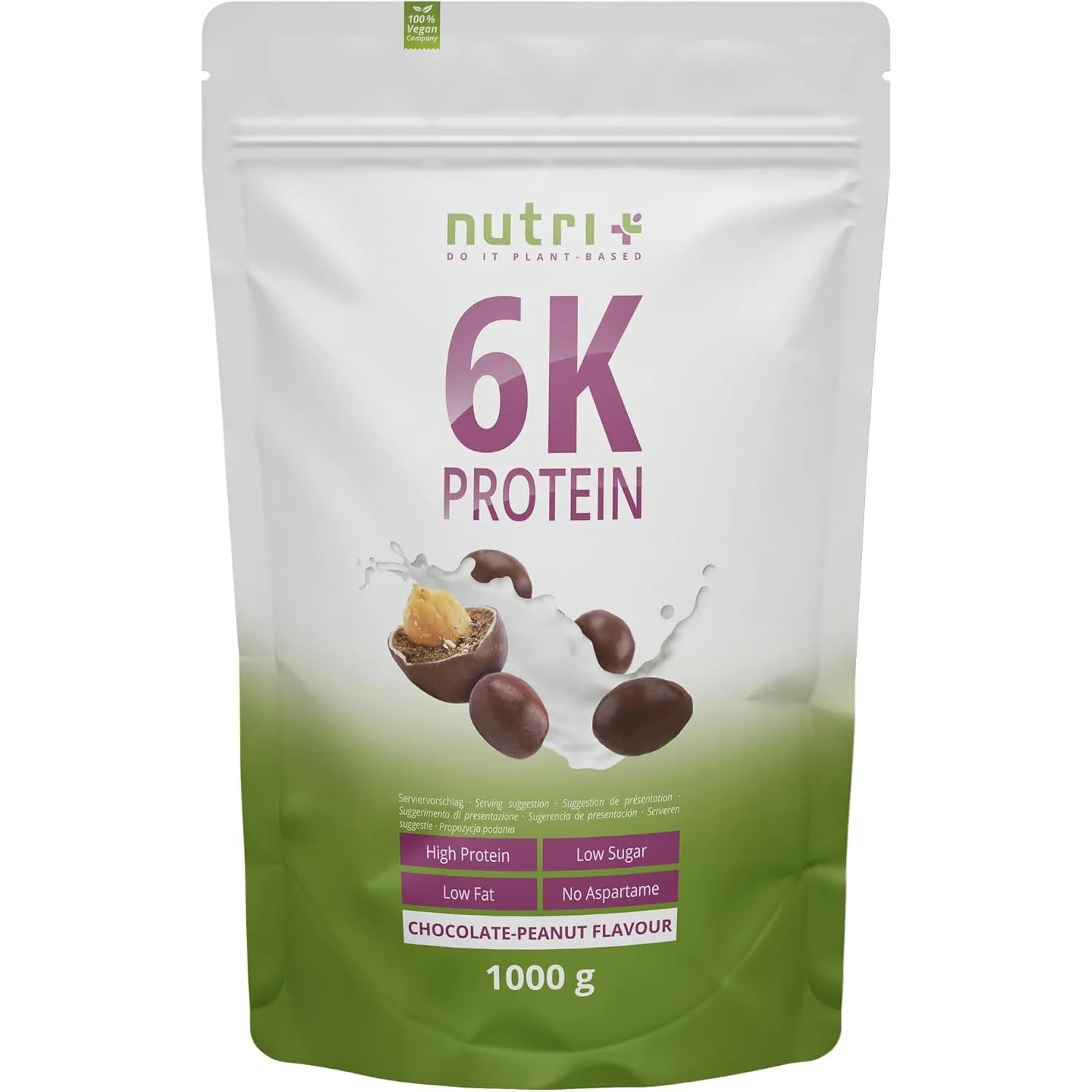 Nutri + Eiweißpulver Schokolade Erdnuss 1 kg - Proteinpulver ohne Milch, Laktose, Zucker & Whey - Chocolate Peanut Prot…