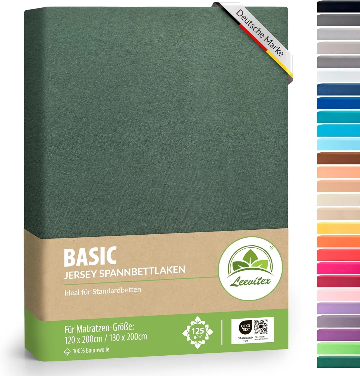 leevitex® Fitted Sheet, 120 x 200 cm to 130 x 200 cm, 100% Jersey Cotton, Mattress Height up to 25 cm, Oeko-Tex, Dark G…