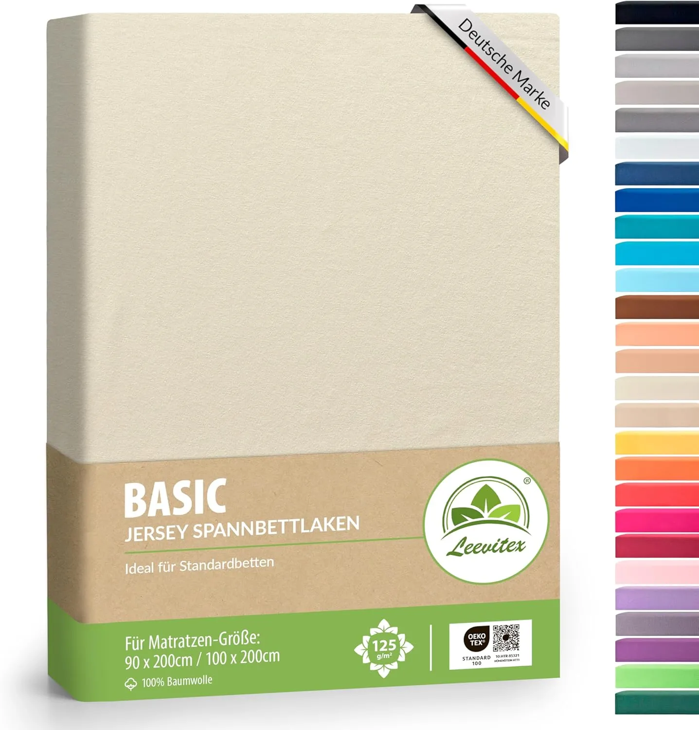 leevitex® Fitted Sheet, 90 x 200 cm to 100 x 200 cm, 100% Jersey Cotton, Mattress Height up to 25 cm, Oeko-Tex, Cream/N…